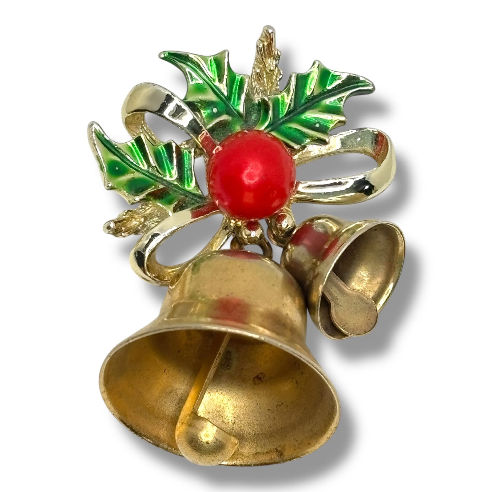 c.1960s Gerry’s Gold Tone Double Bells Holly Bow Christmas Enamel Brooch Pin