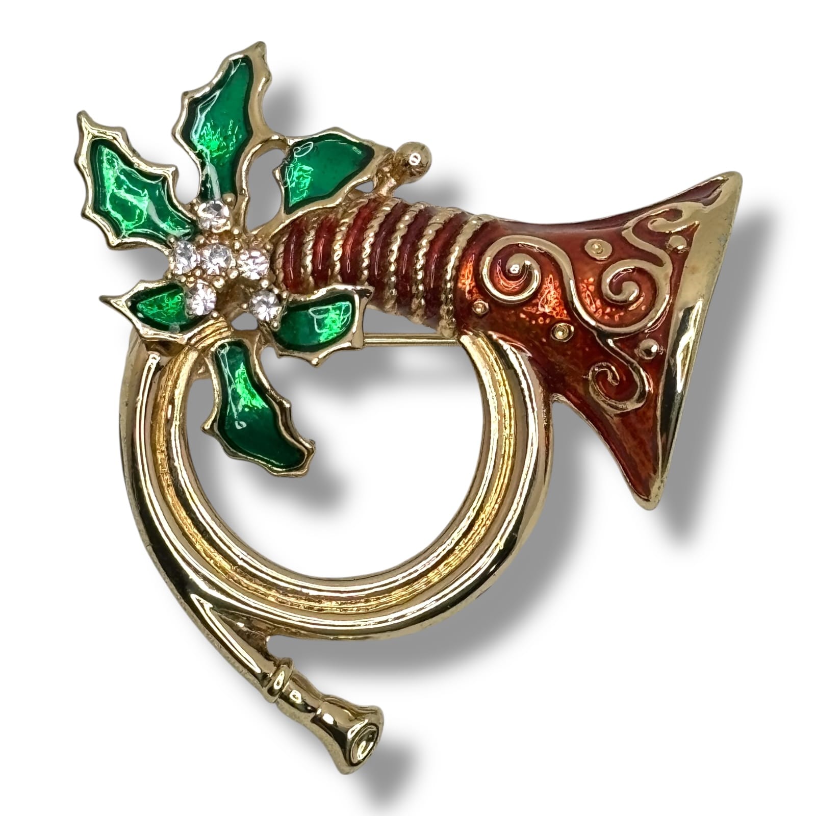 c.1980s Napier Red Enamel French Horn Holly Clear Rhinestone Christmas Brooch