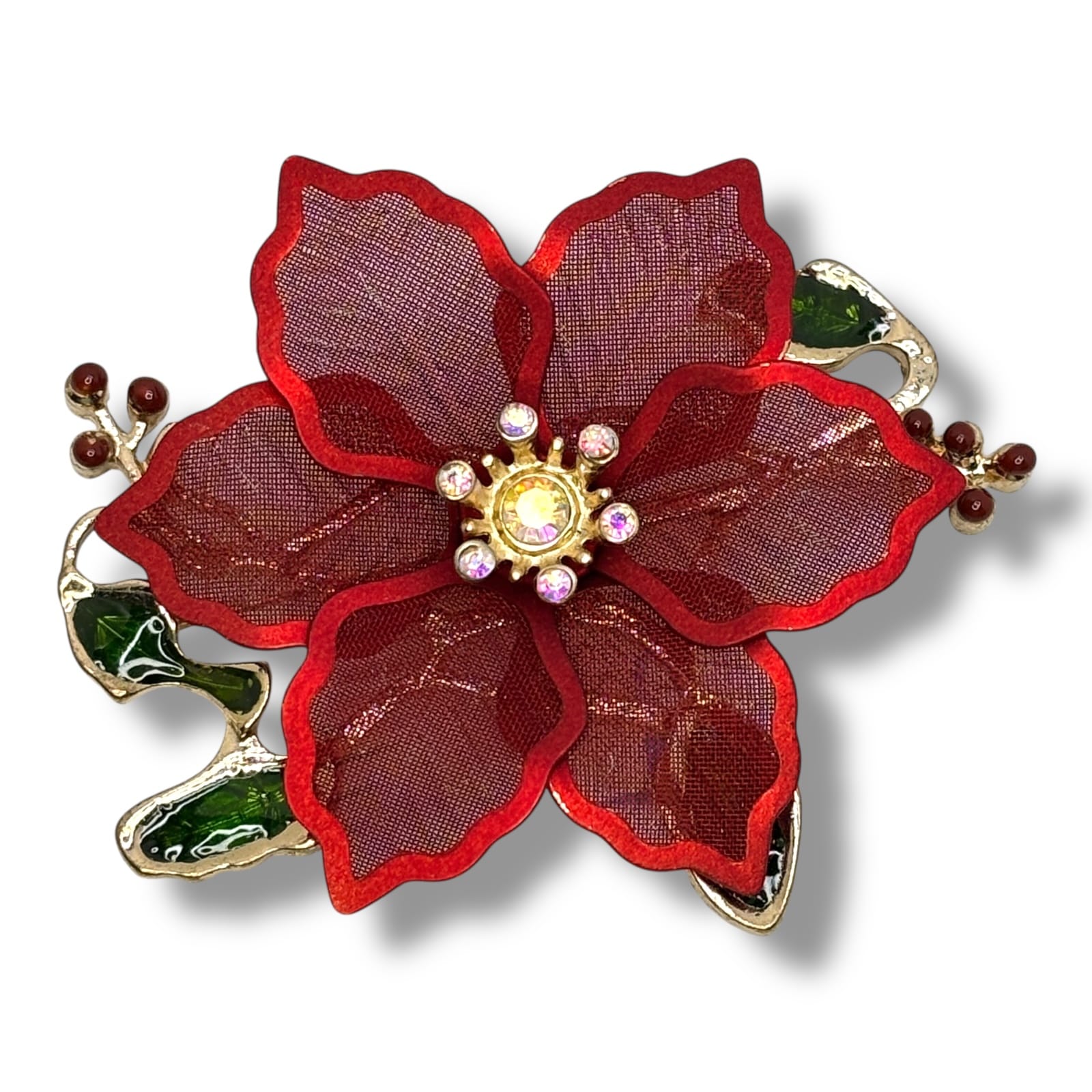 Vintage K&G Red Mesh Poinsettia Rhinestone Christmas Brooch Gold Tone c.1990s