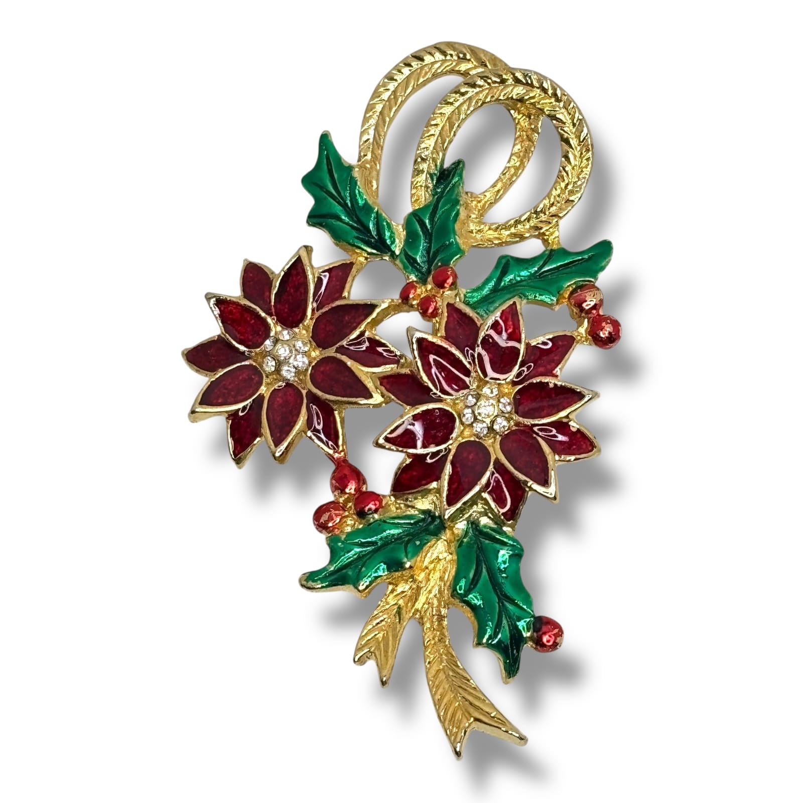 Vintage Christmas Tree Brooch c.1960s Enamel Flowers Gold Tone Rhinestone Pin