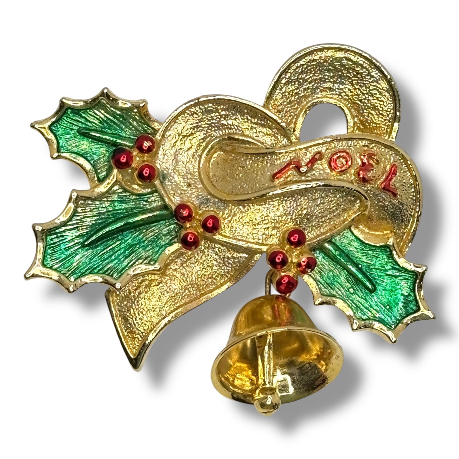 c.1970s Gerry's Noel Ribbon Holly Brooch w/ Bell Gold Tone Enamel Signed Pin