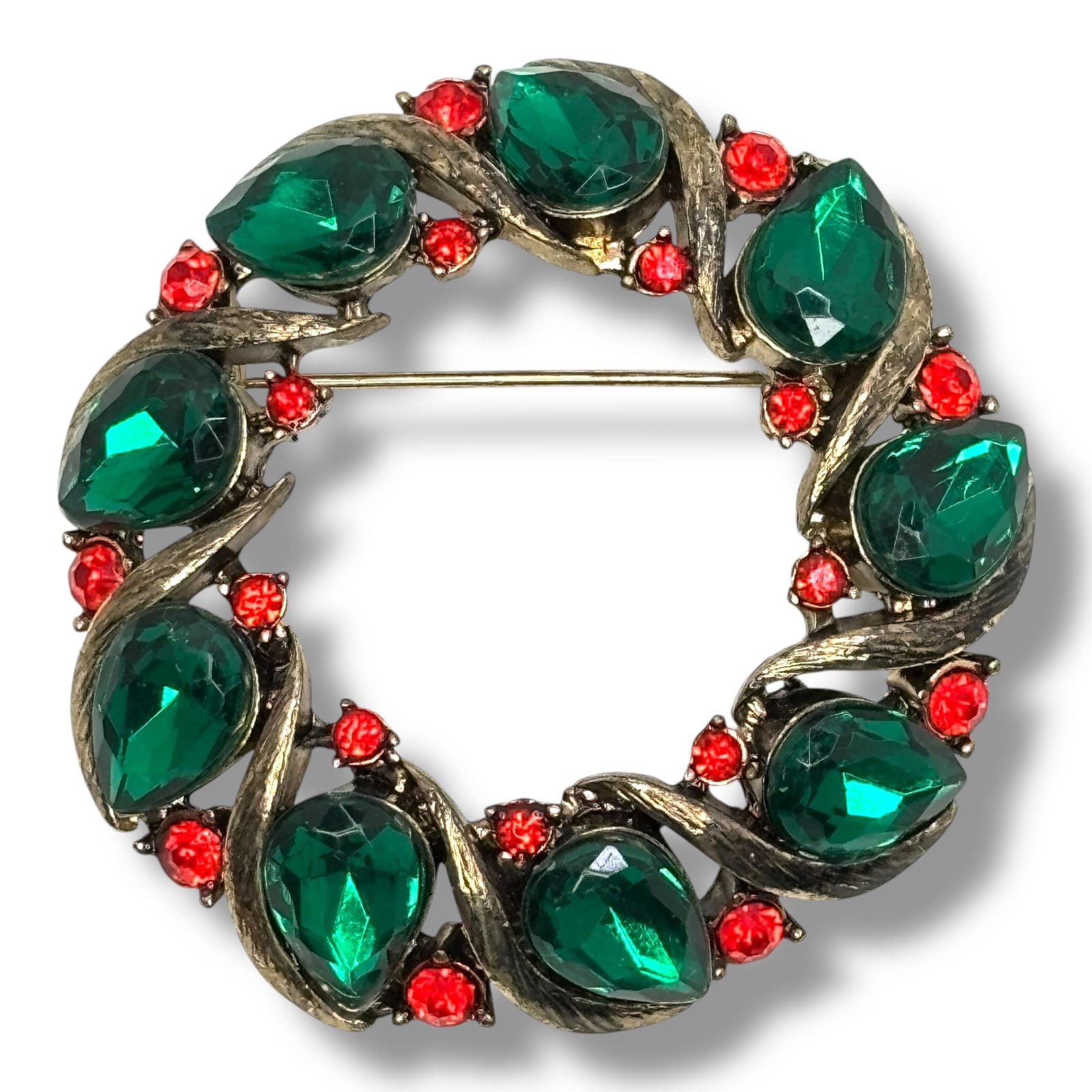 Liz Claiborne LC Christmas Wreath Brooch Gold Tone Green Red Stones c.1980s