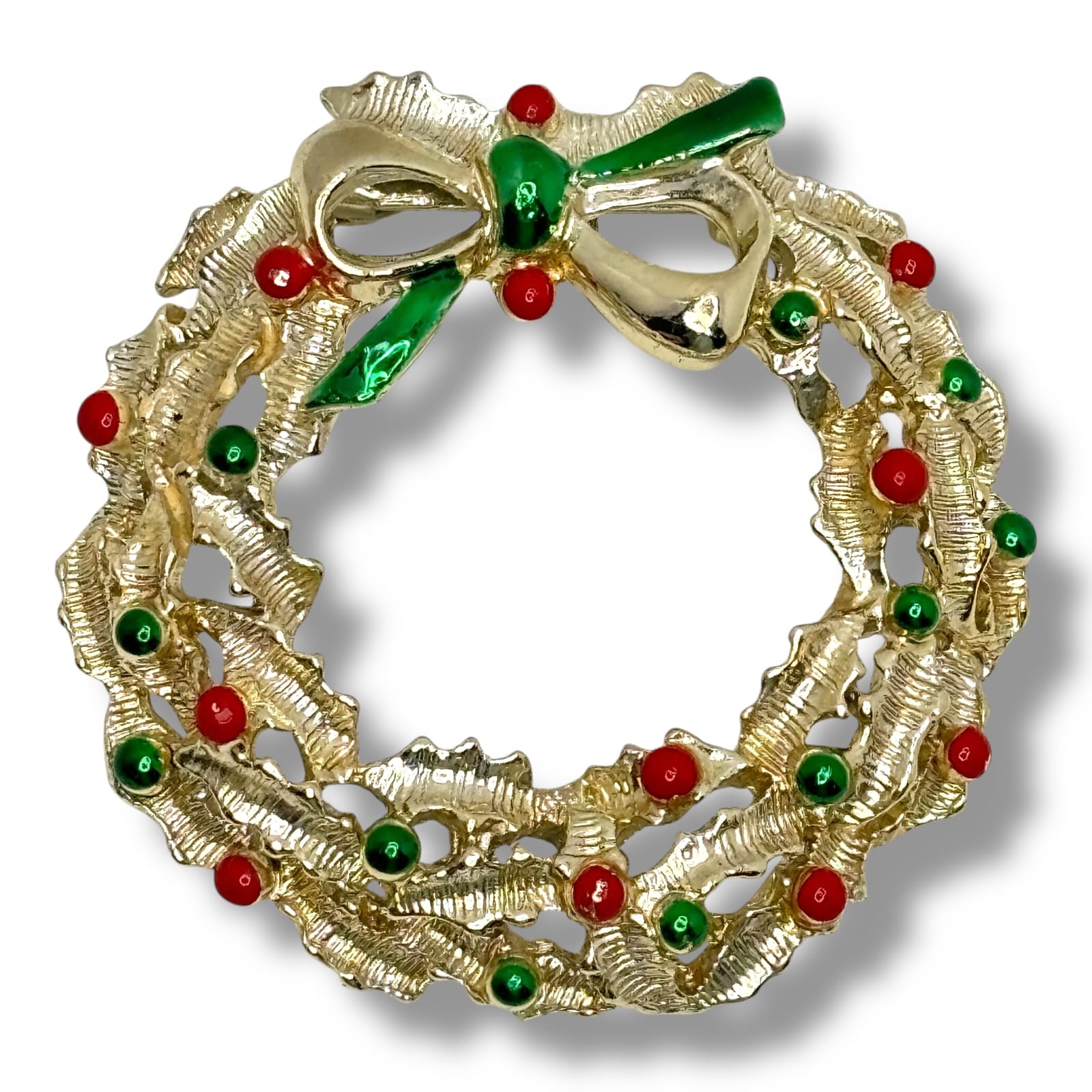Vintage Gerry’s Christmas Wreath Brooch Pin Gold Tone Red Green Enamel c.1960s