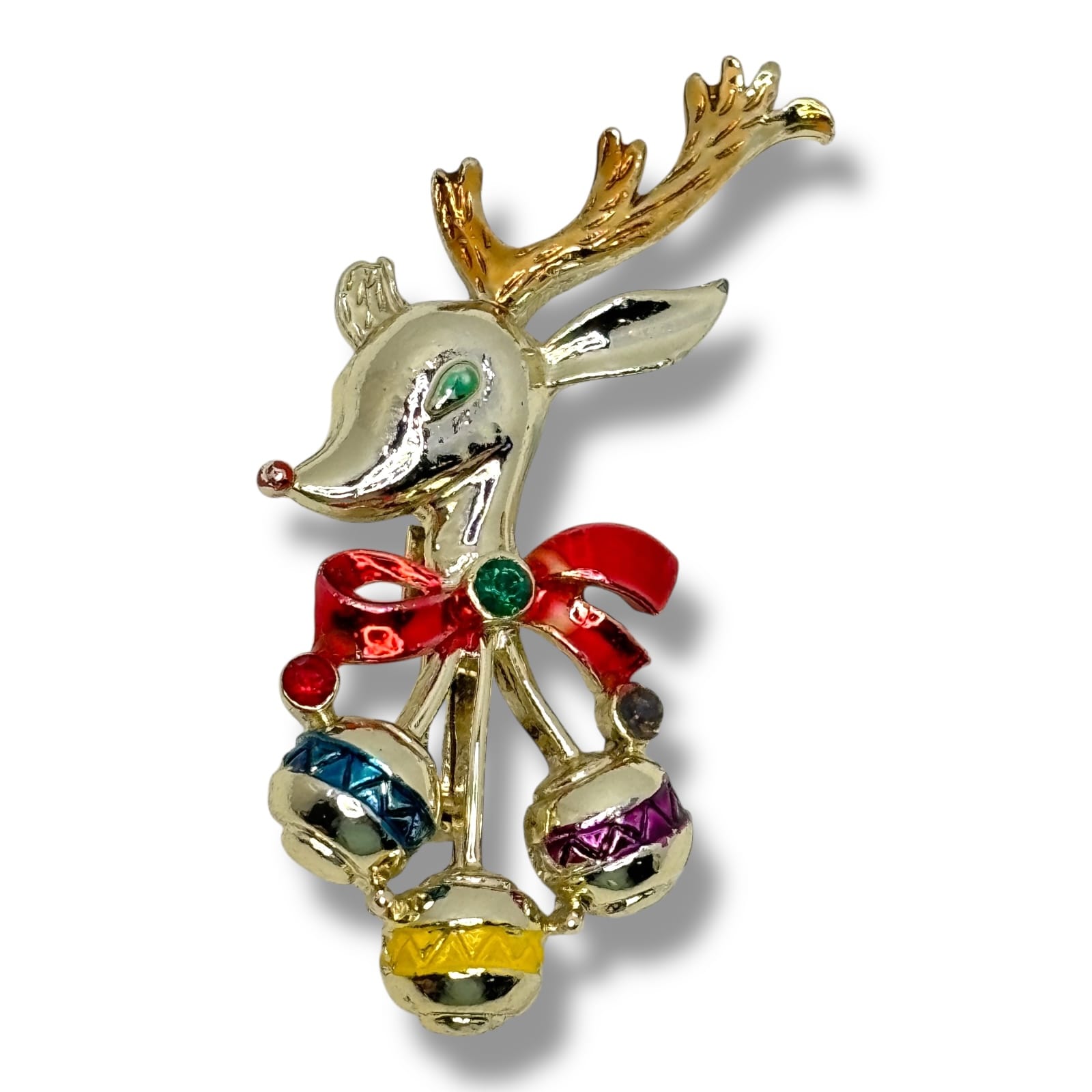Vintage Beatrix Jewelry BJ Reindeer Brooch Gold Tone Enamel Ornaments 1980s
