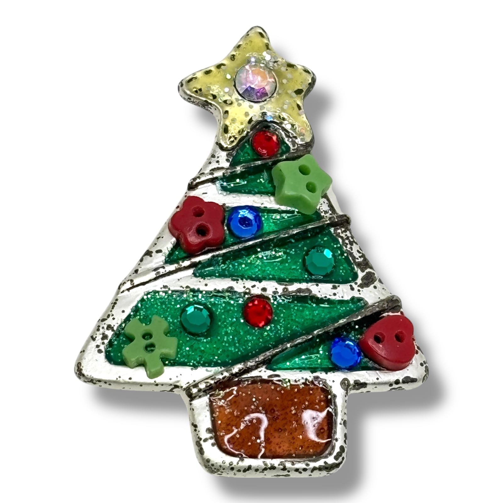 Vintage CJMC Christmas Tree Brooch Green Enamel Rhinestone Button Pin c.1990s