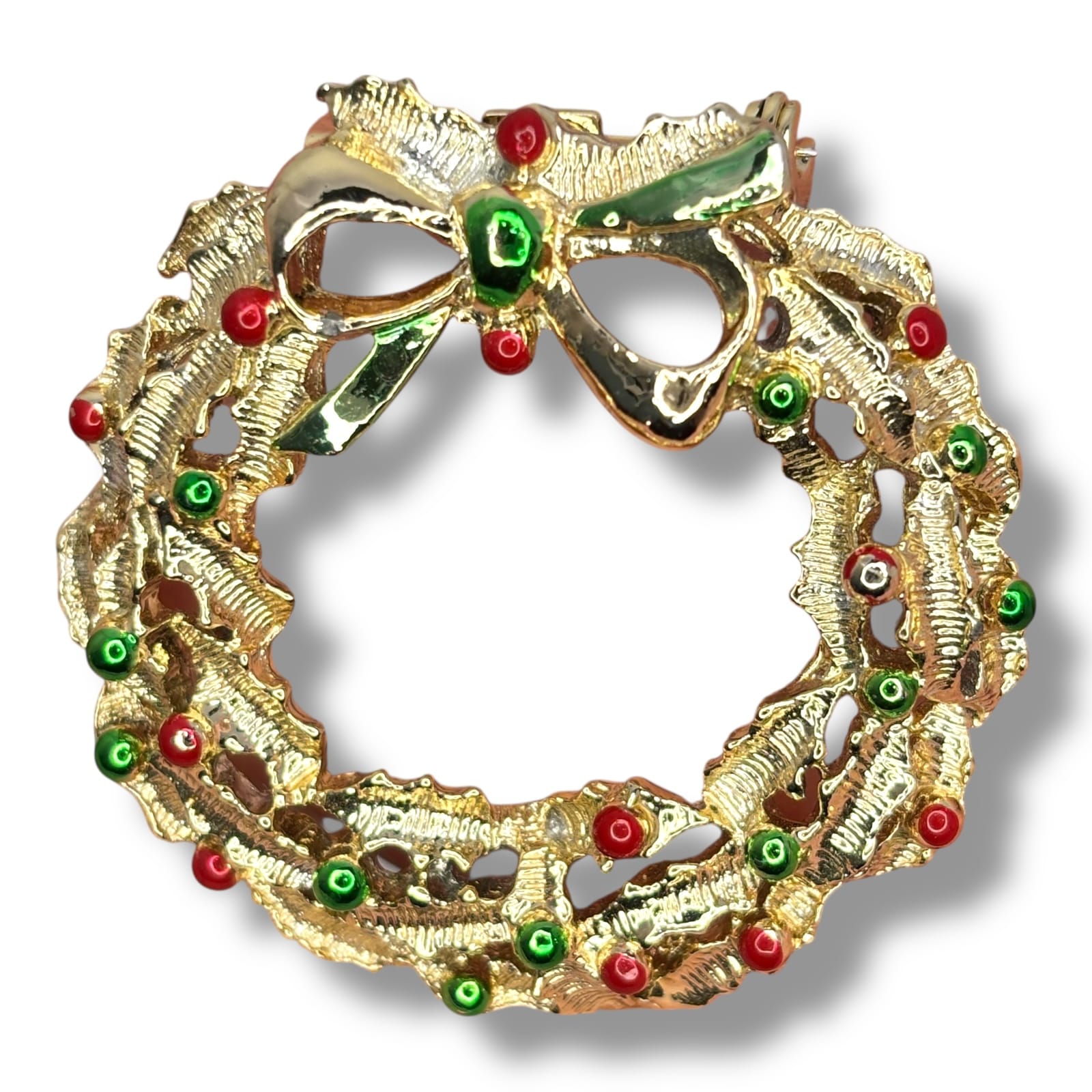Vintage Gerry’s Christmas Wreath Brooch Pin Gold Tone Red Green Enamel c.1960s