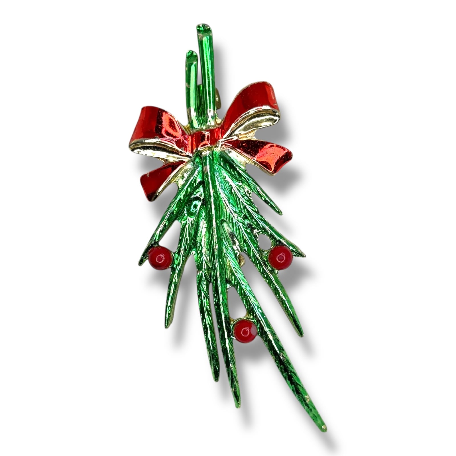 Beatrix Christmas Pine Branch Brooch Red Bow Green Enamel Gold Tone c.1980s