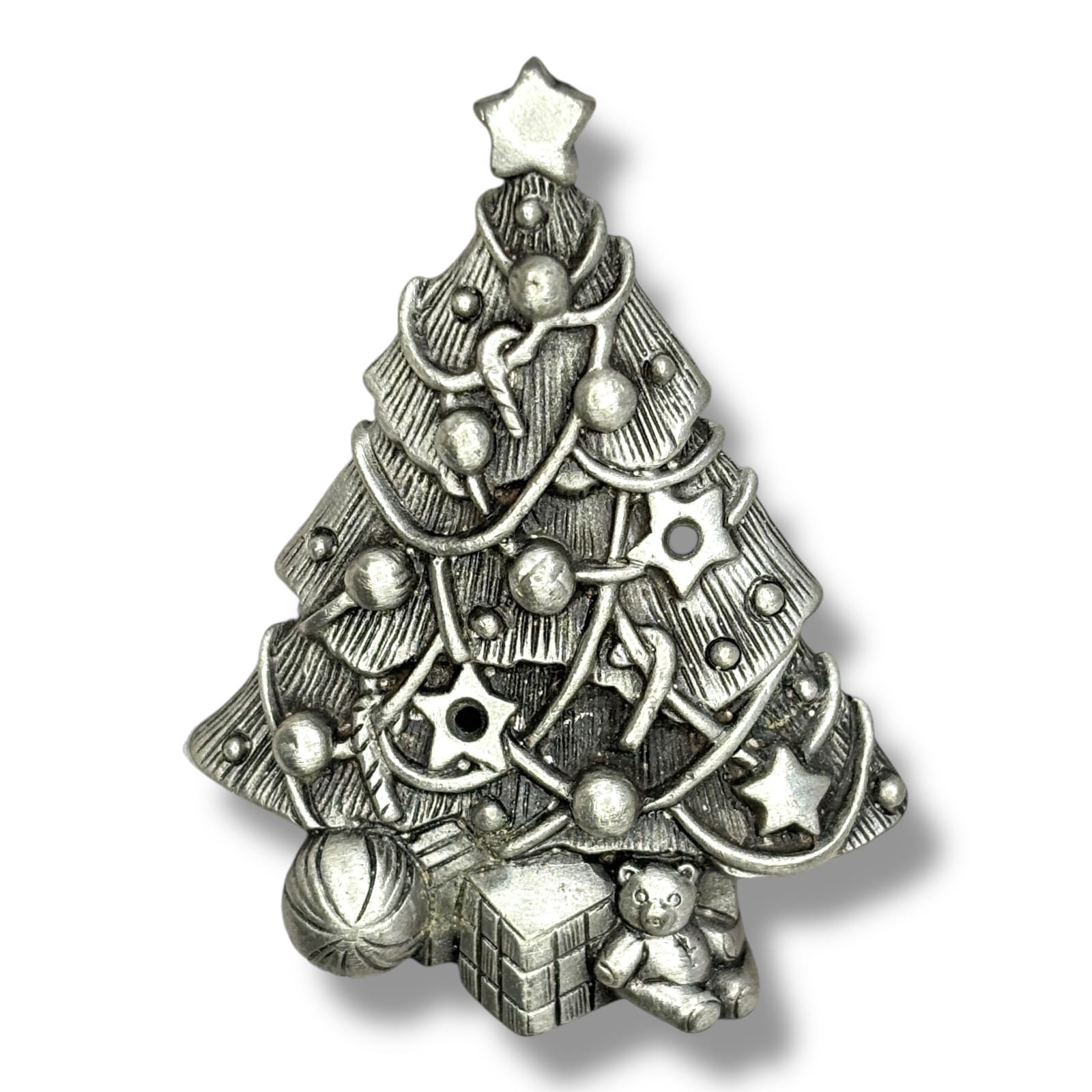 c.1990s Ms Dee Pewter Christmas Tree Brooch Star Ornaments Teddy Bear Gifts Pin