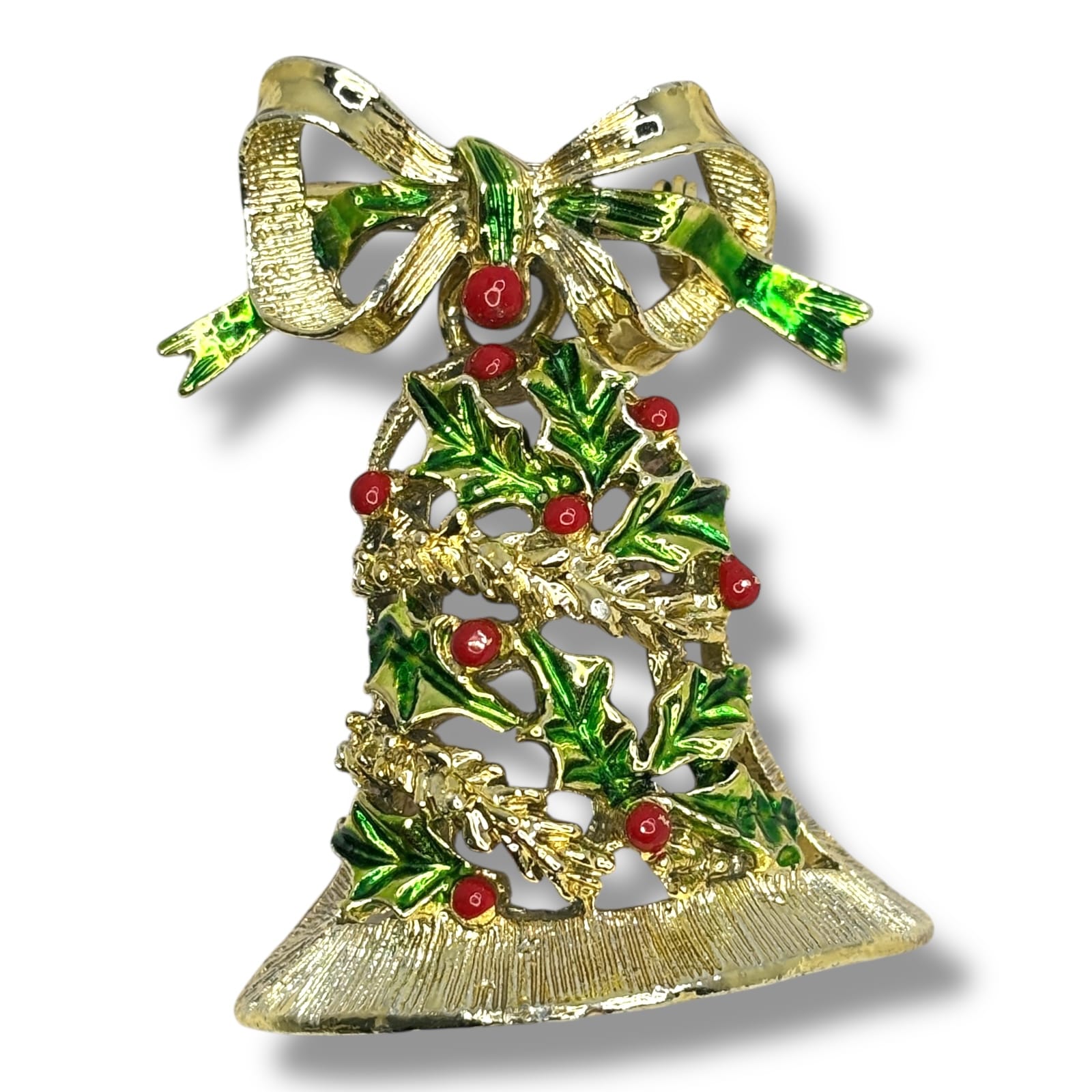 Vintage Gerry’s Christmas Bell Brooch Gold Tone Green Red Enamel Holly c.1960s