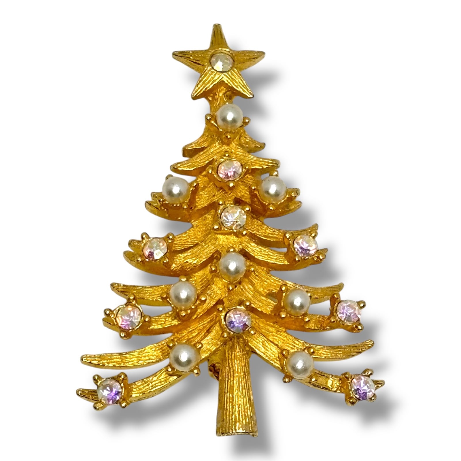 c.1960s MYLU Christmas Tree Brooch Rhinestones Faux Pearls Gold Tone Signed