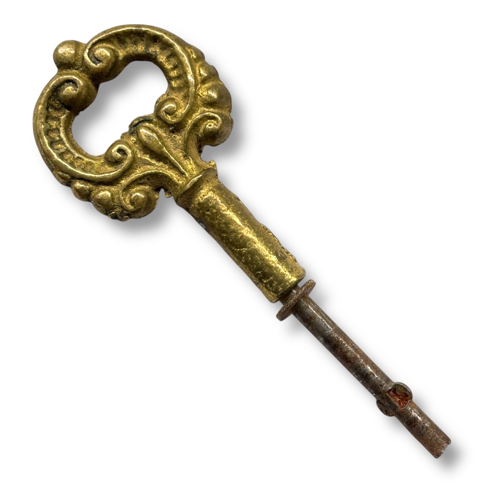 c.1900 Antique Ornate Brass Clock Winding Key Rococo Bow Hollow Barrel 2 7/8"