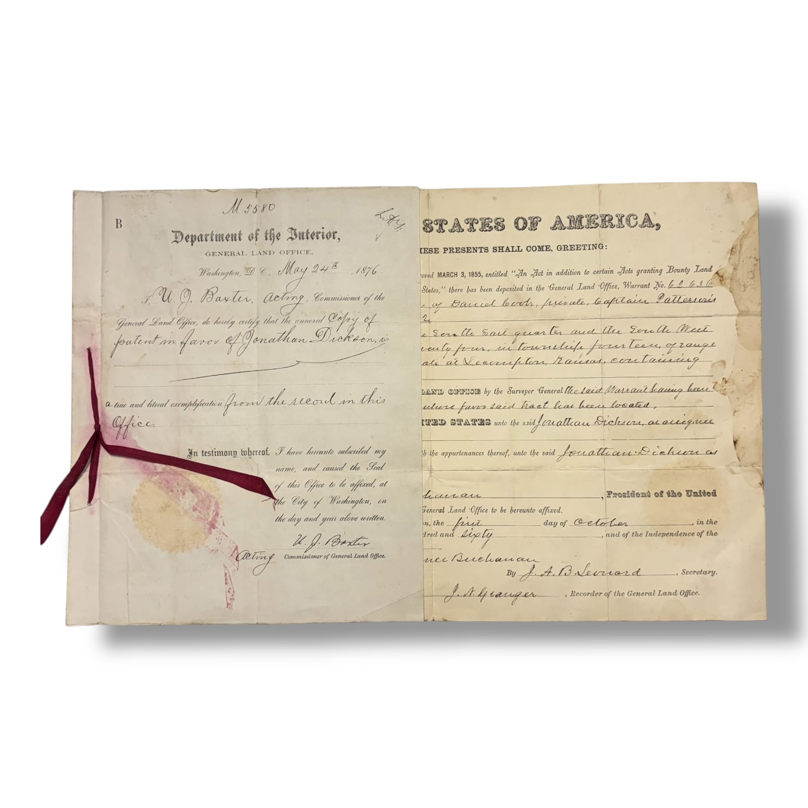 1860 James Buchanan War of 1812 Bounty Land Patent Kansas Widow Catharine Cook