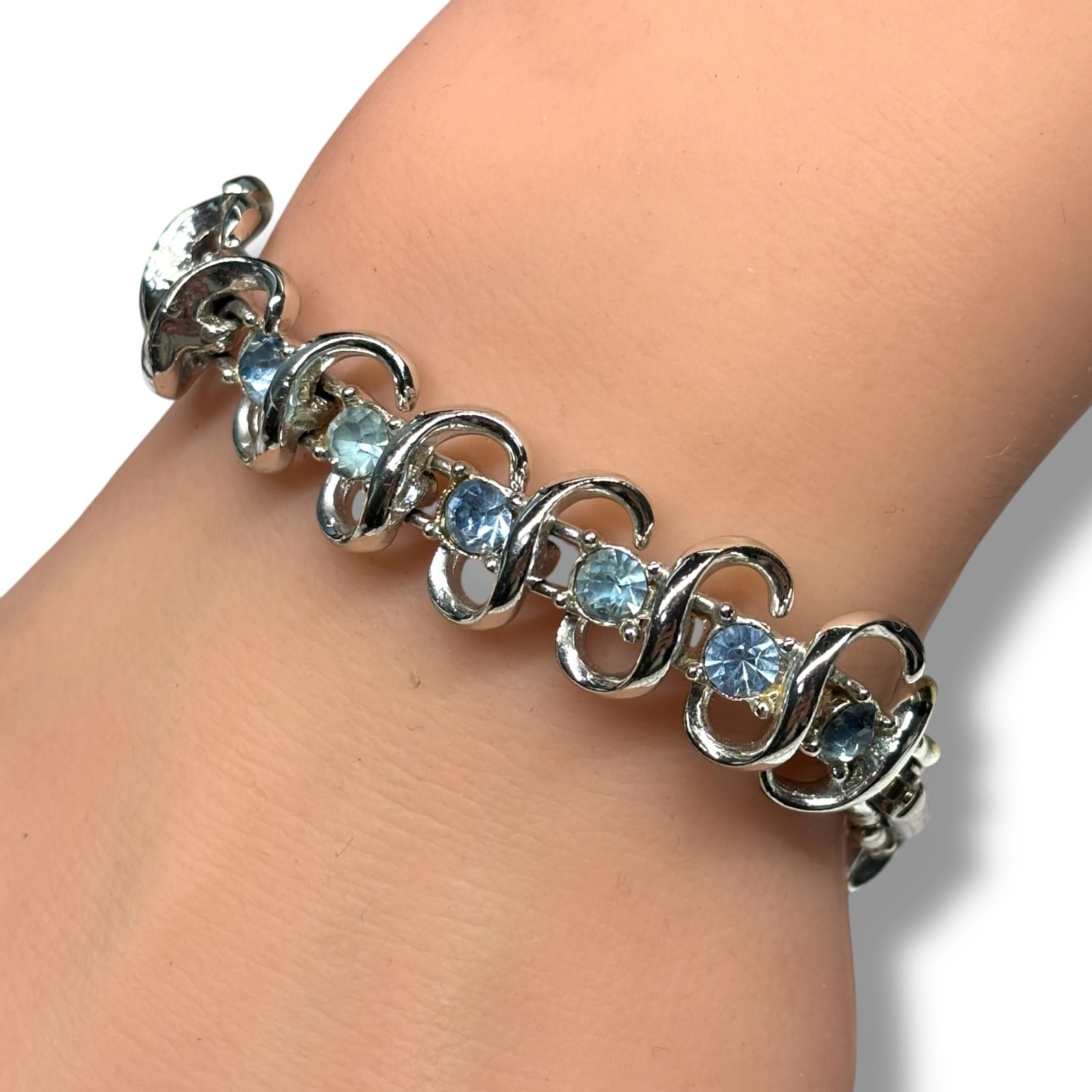 c.1960 Coro Blue Faceted Rhinestones Link Bracelet Silver Tone 6.75" Vintage