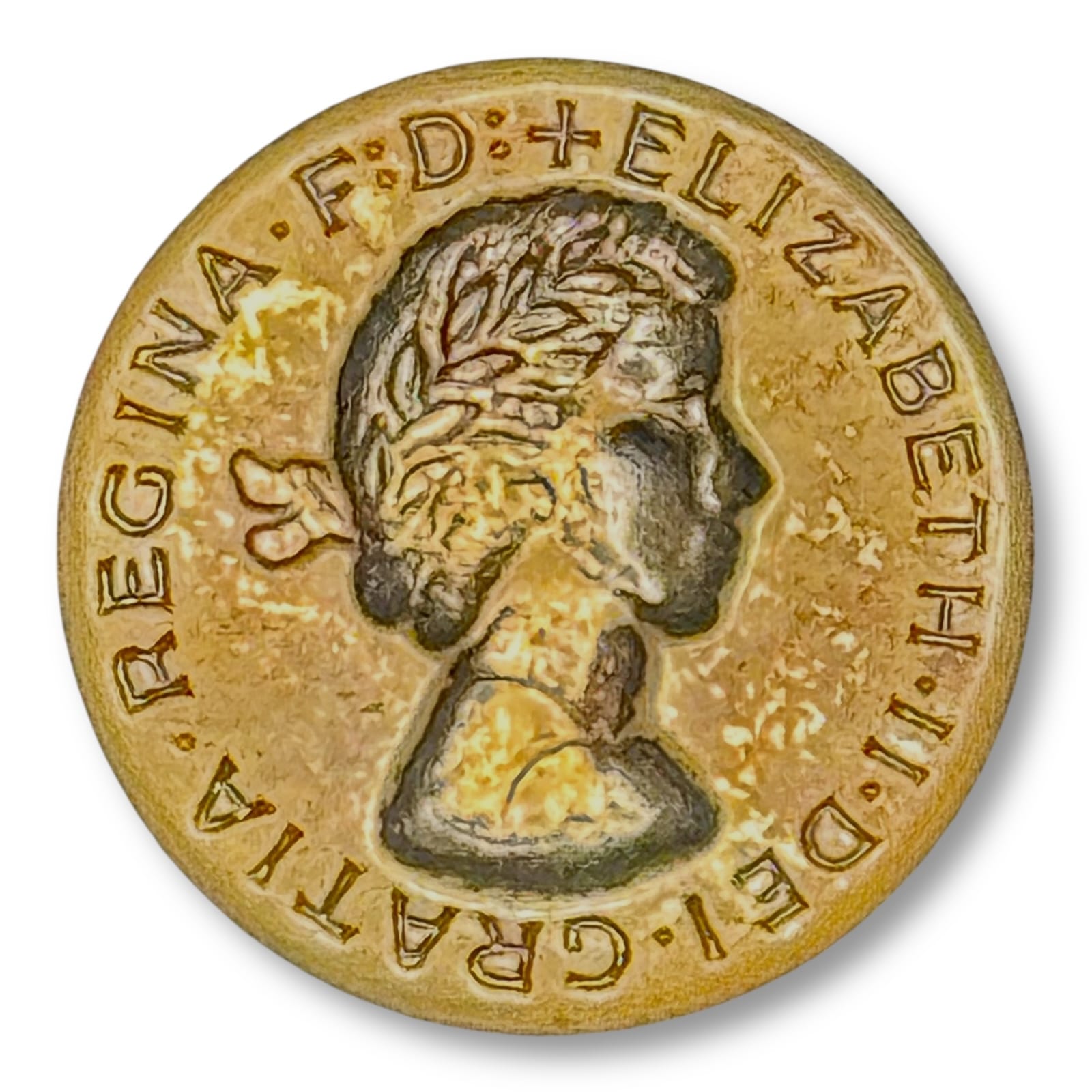 c.1950s Queen Elizabeth II Coin Design Brass Blazer Button 19mm British Uniform