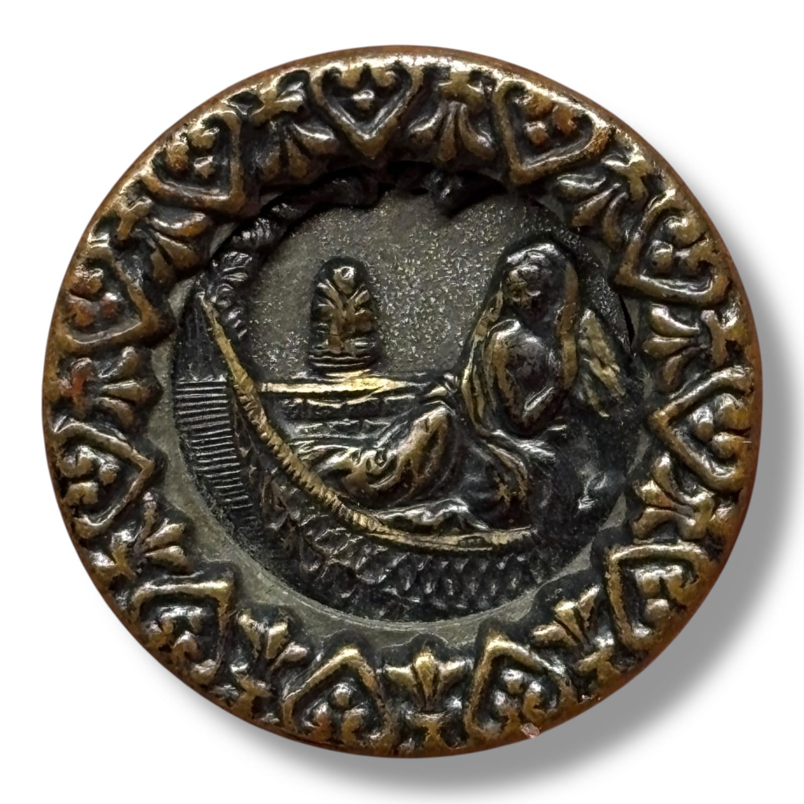 c.1900 Brass Pictorial Button Woman in Gondola Boat Scene 17mm Metal Clothing