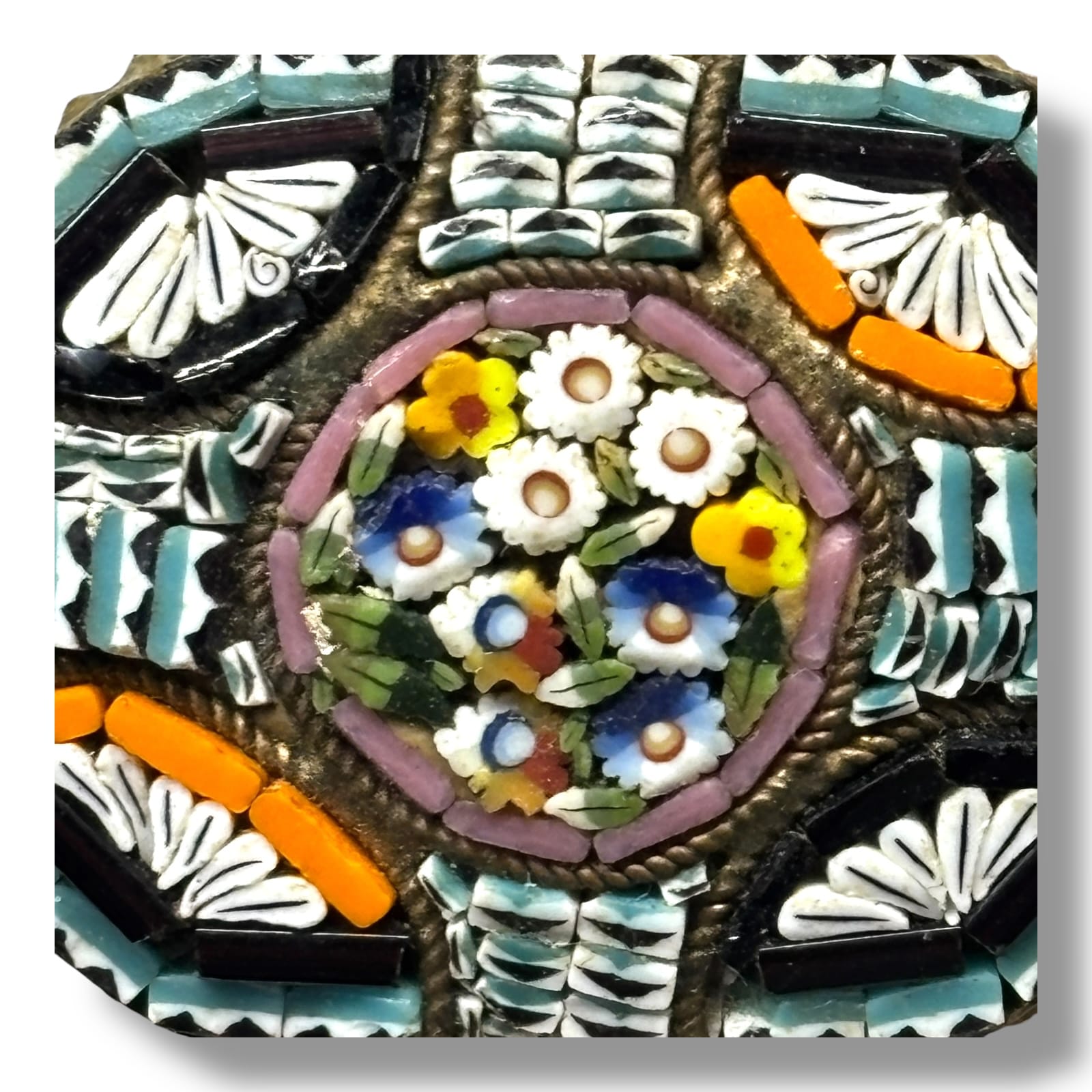 c.1950s Italian Micro Mosaic Glass Floral Brooch Made in Italy Handcrafted Brass