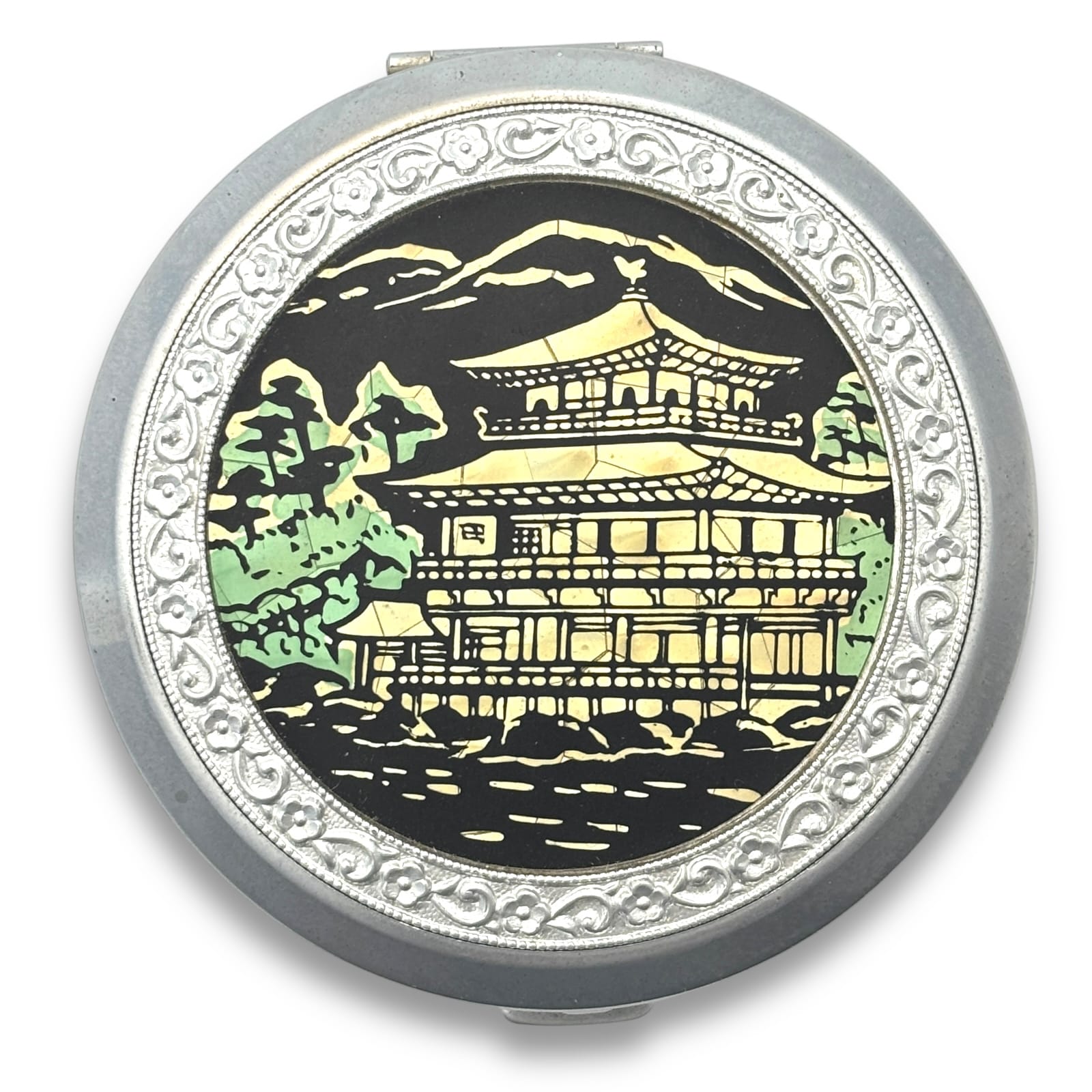 1950s Lovely Japan Compact Kinkaku-ji Golden Pavilion Kyoto Enamel Powder Case
