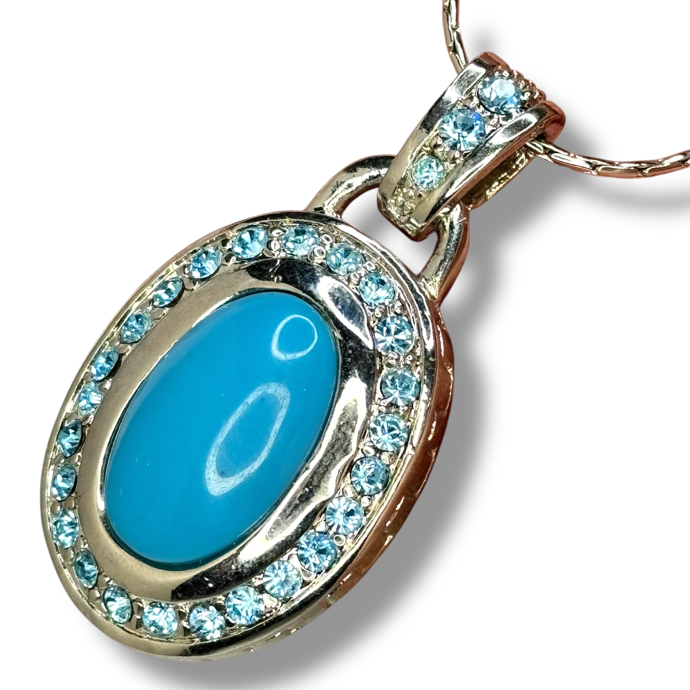 Joann She Silver Tone Necklace w/ Blue Acrylic Oval Pendant Rhinestones c.2000s