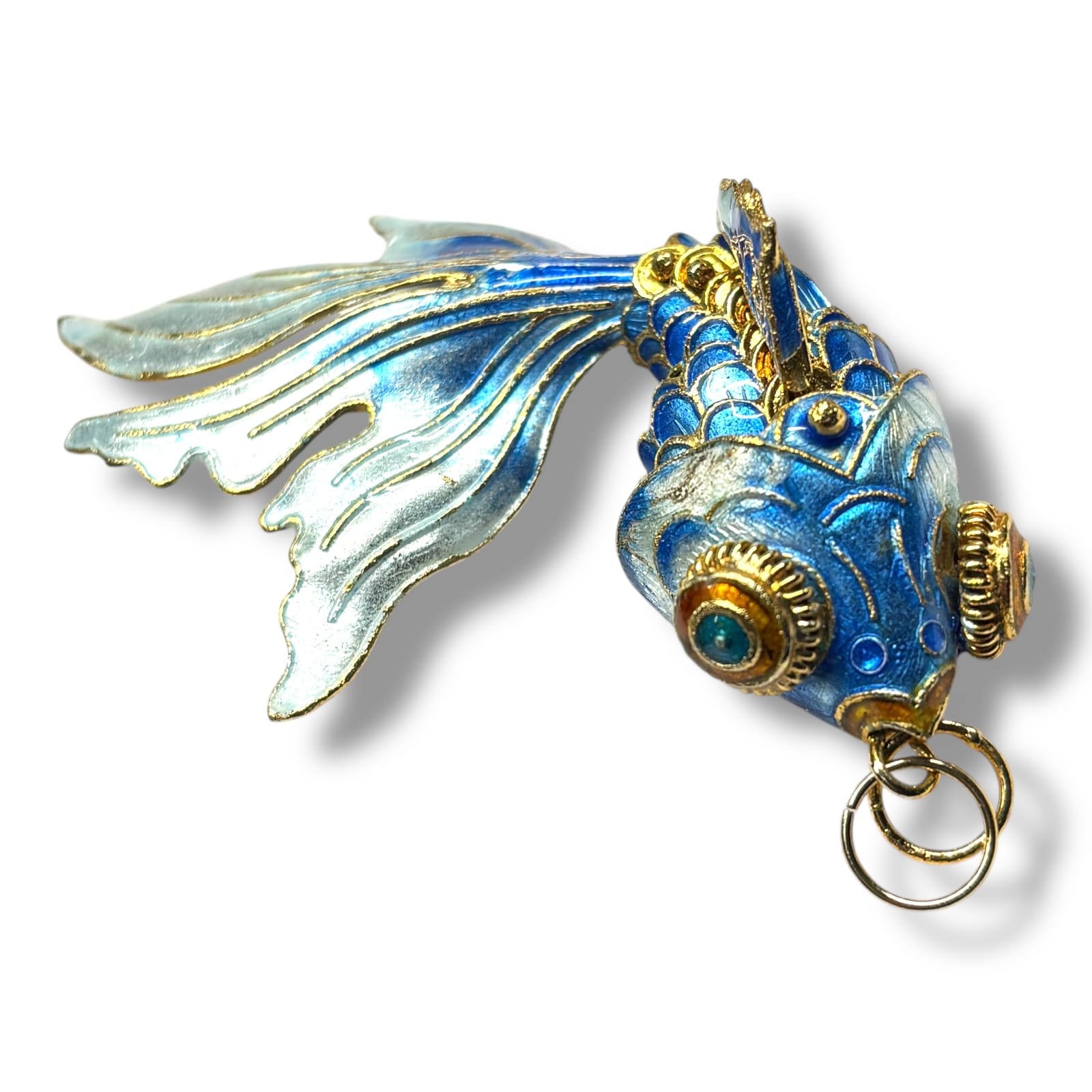 c.1960s Chinese Cloisonné Enamel Articulated Koi Fish Pendant Blue Gold 3.5"