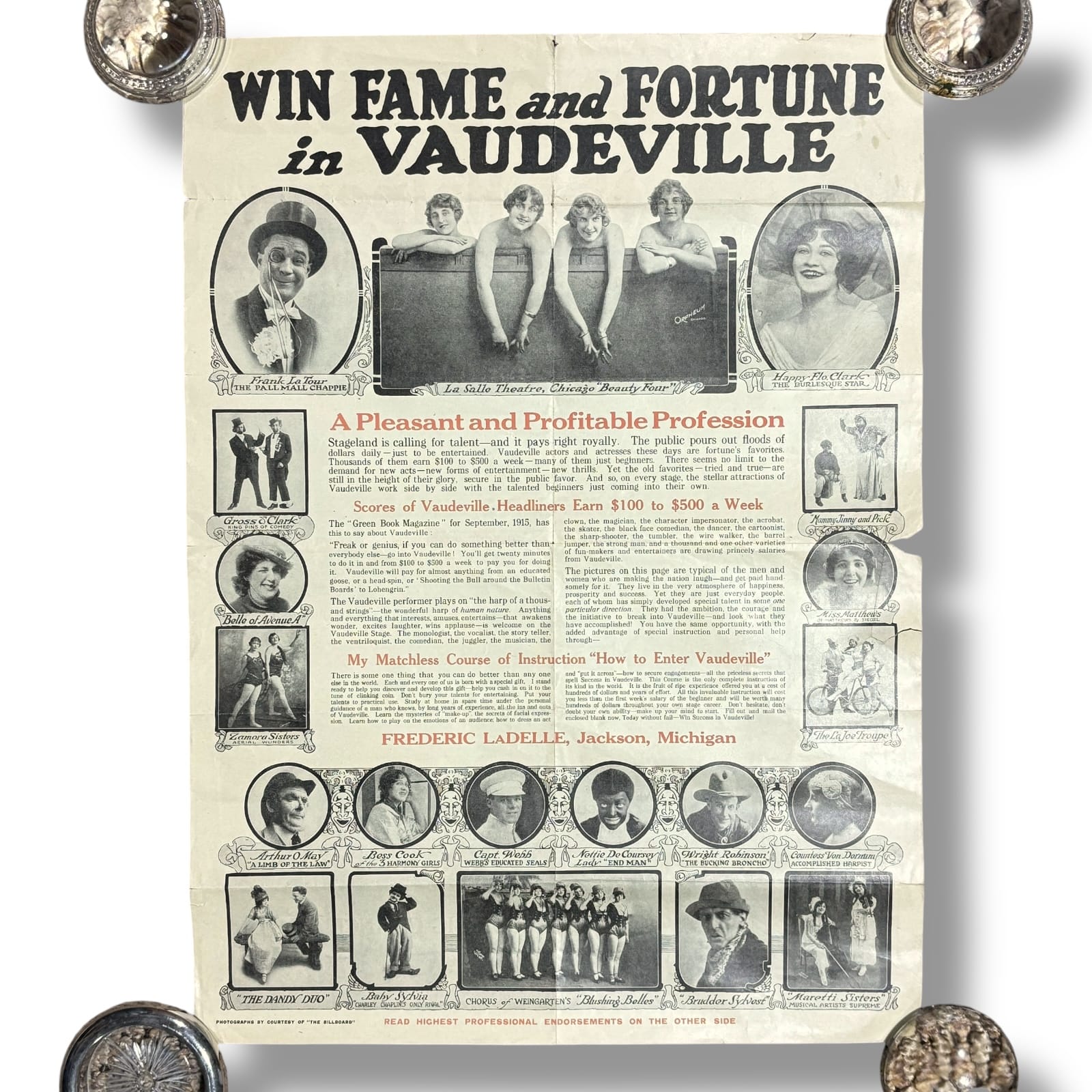 c.1915 Frederic LaDelle Vaudeville Course Broadside Nan Halperin Endorsement