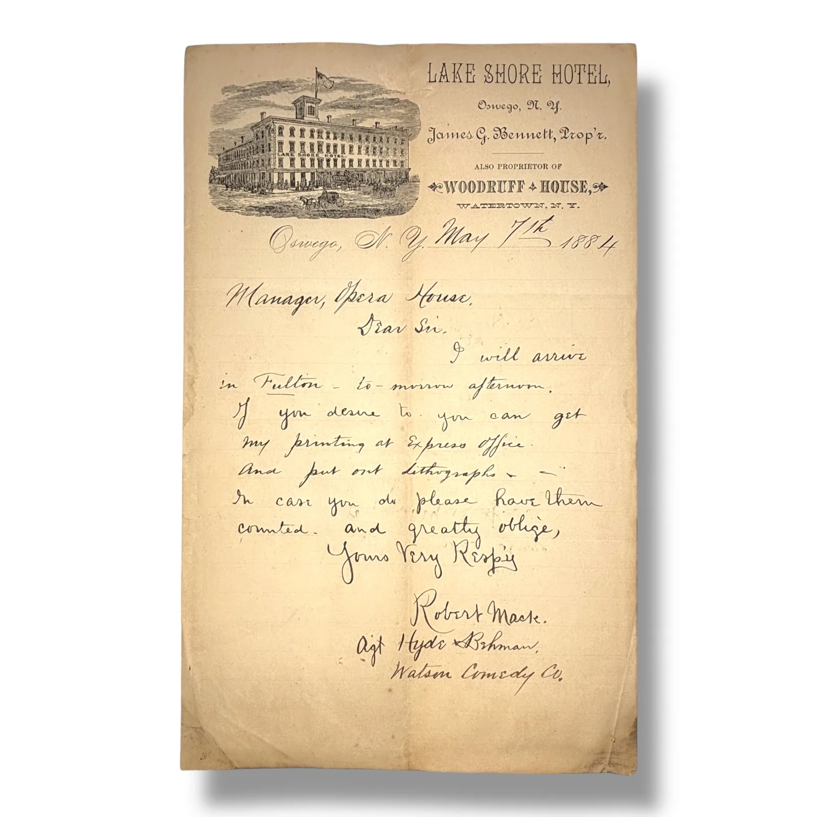 1884 Hyde & Behman Watson Comedy Co Letter Lake Shore Hotel Oswego NY Theatre