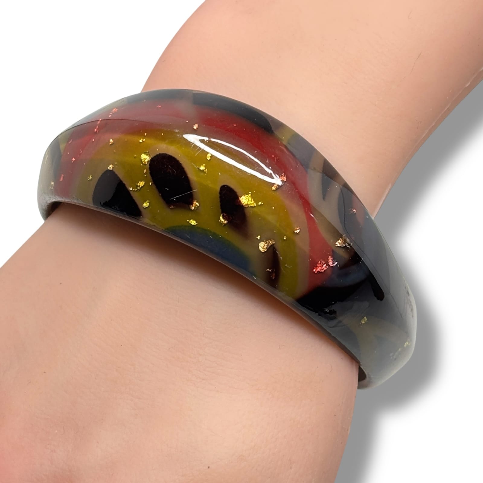 c.1950s Lucite Bangle Bracelet Gray Red Yellow Swirl with Gold Foil Inclusions