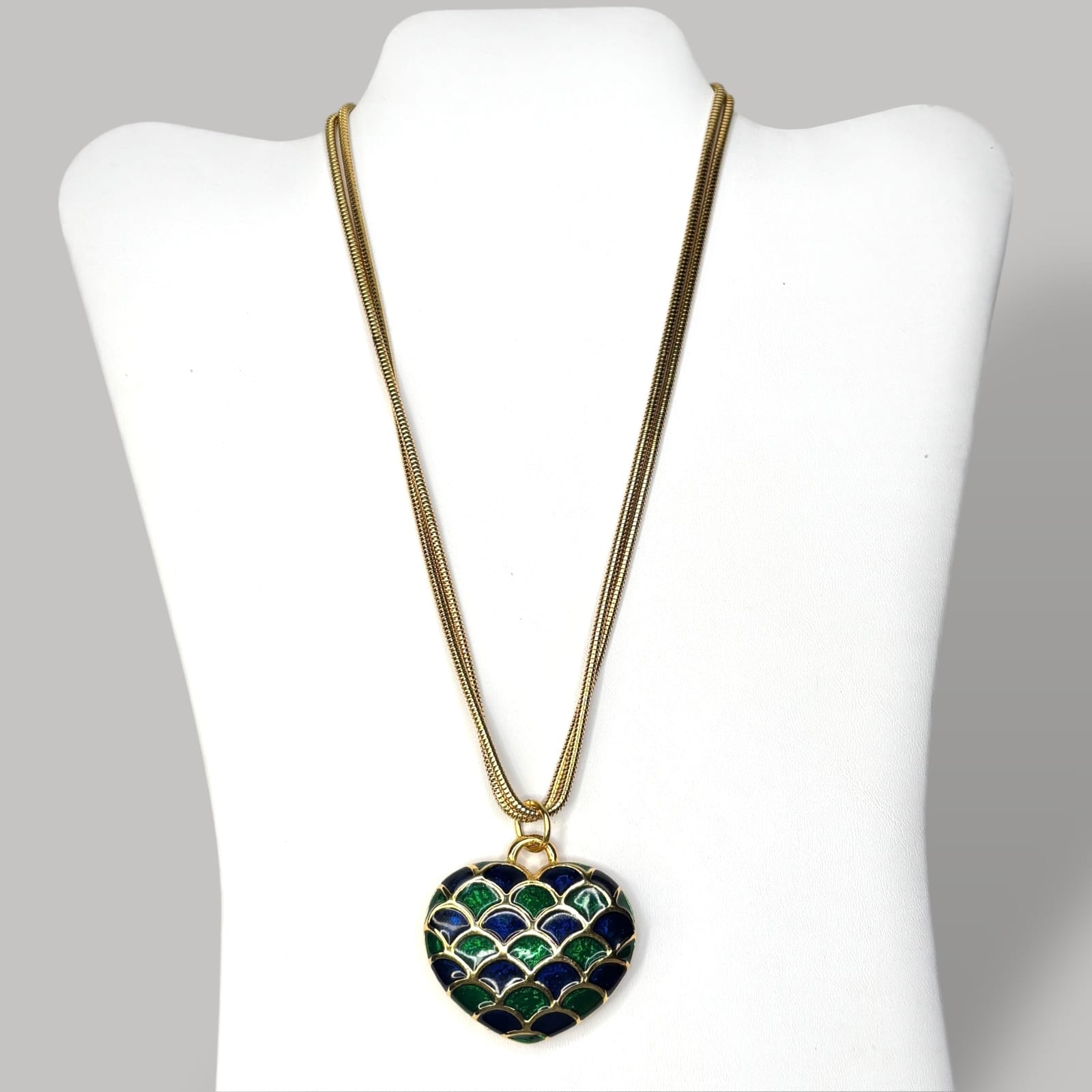 c.1980s Gold Tone 35" Snake Chain Necklace Mermaid & Dragon Scale Heart Pendants