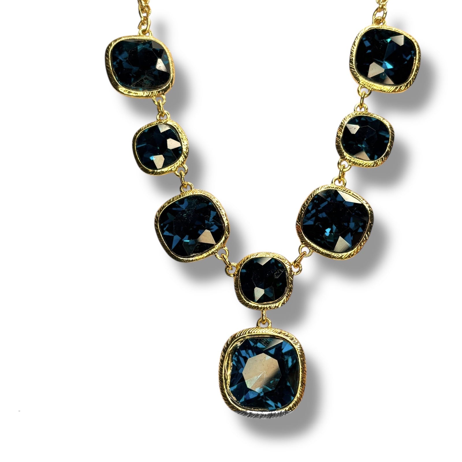 Monet Necklace Gold Tone Dark Blue Glass Cushion Cut Stones c.2010s 17 Inch