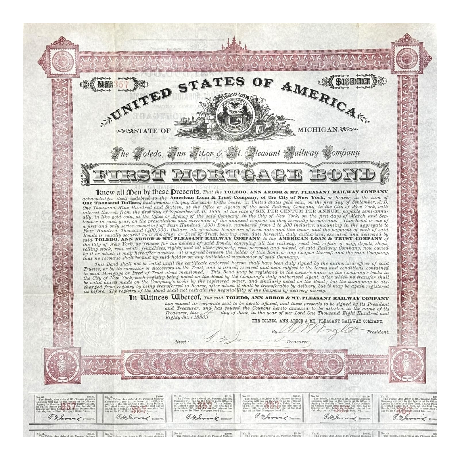 1886 Toledo Ann Arbor & Mt Pleasant Railway Co First Mortgage Bond Uncut Coupons