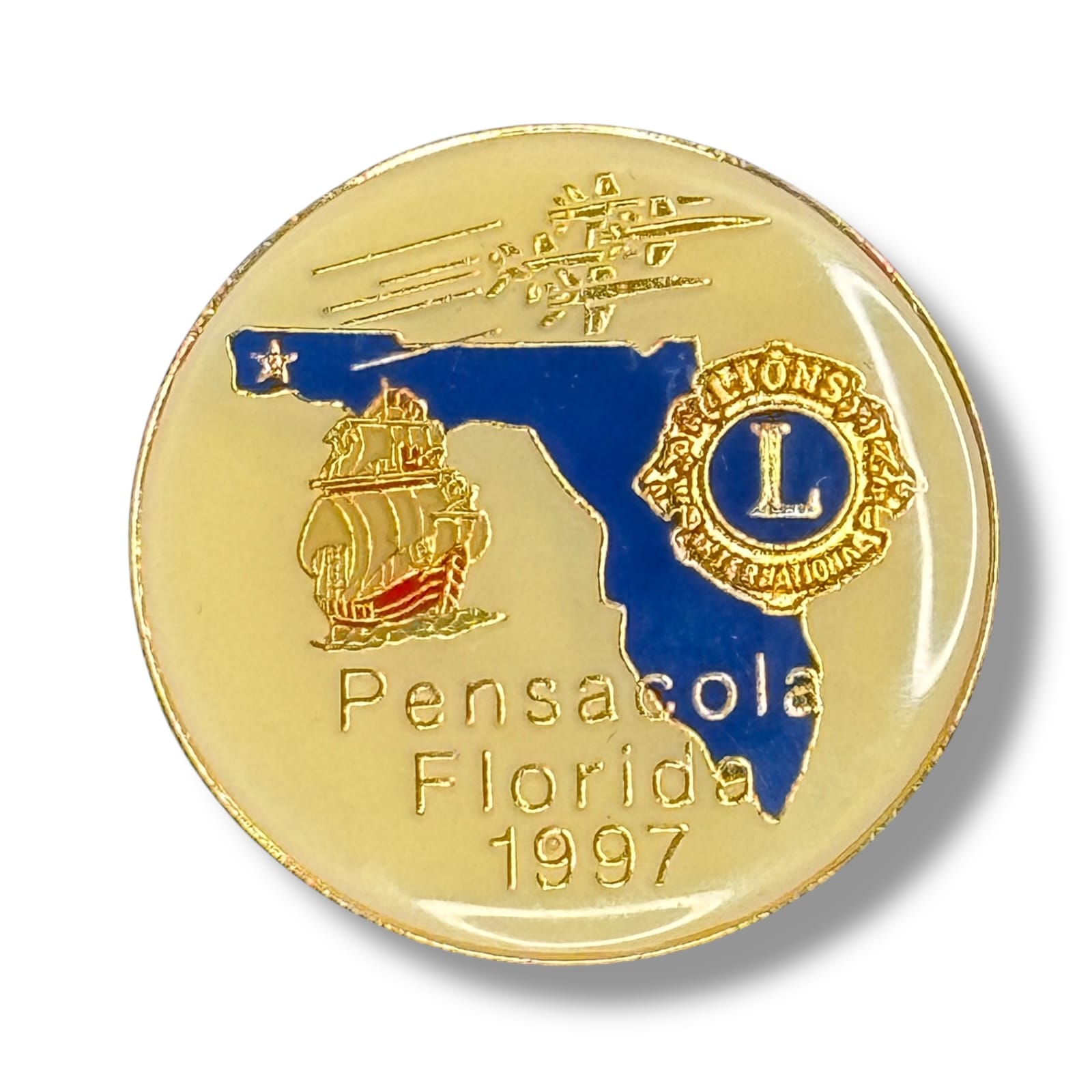1997 Lions Club Pin Pensacola Florida Convention Enamel Map Ship Gold Tone Badge