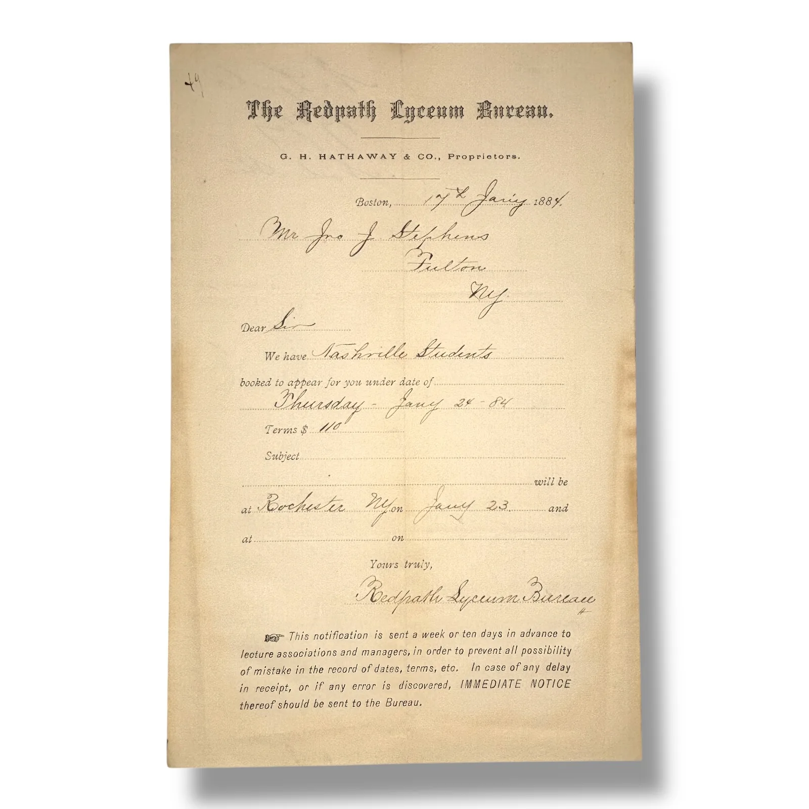 1884 Redpath Lyceum Letter Nashville Students to Stephens Opera House Fulton NY