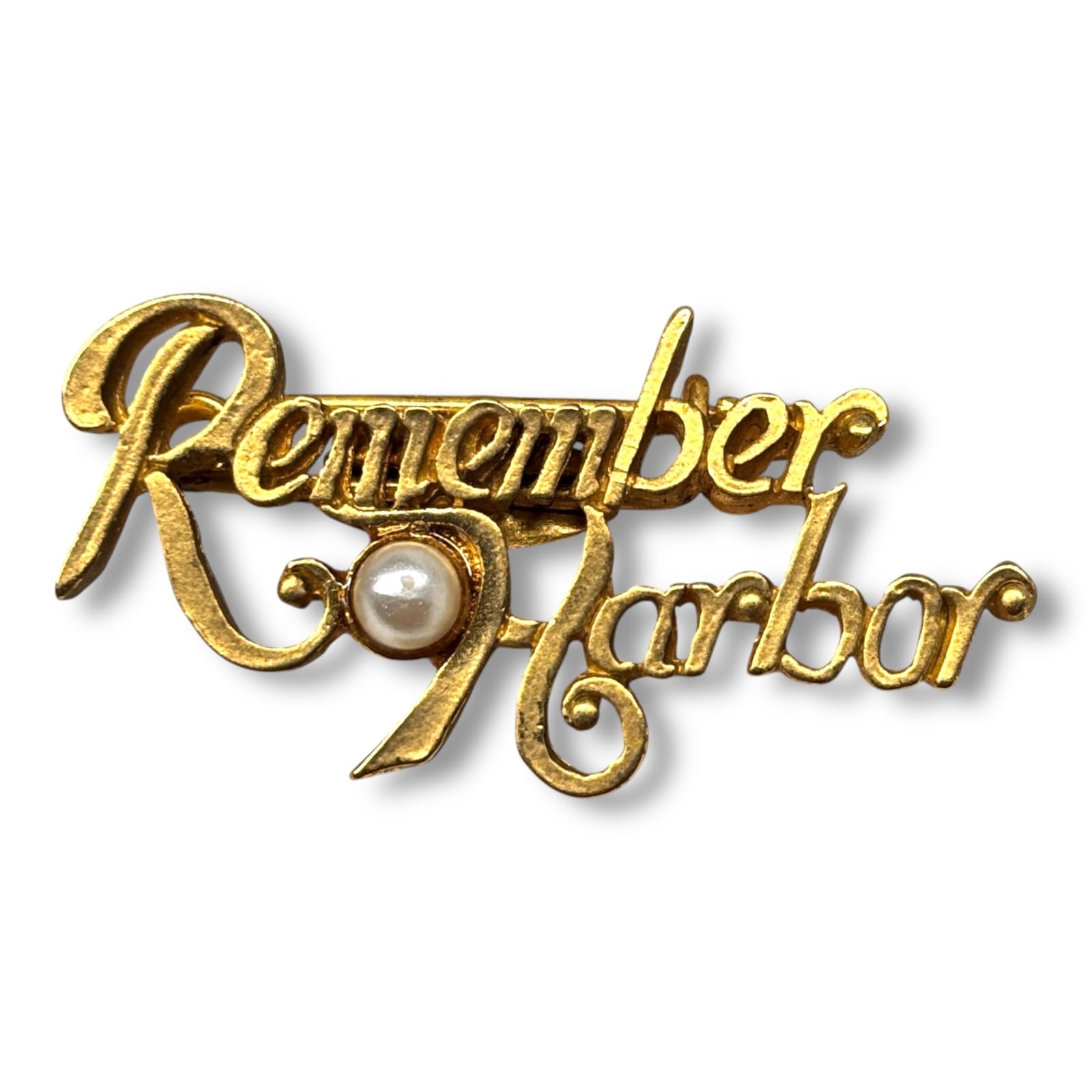 c.1960 Remember Pearl Harbor Commemorative Pin WWII Revival Gold Tone Faux Pearl