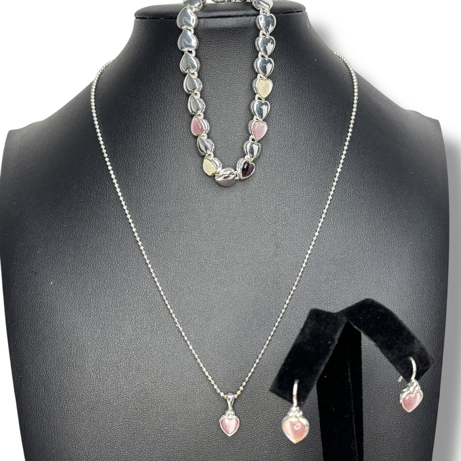 Roman Jewelry Heart Parure Necklace Bracelet Earrings Set Silver Tone c.1990s