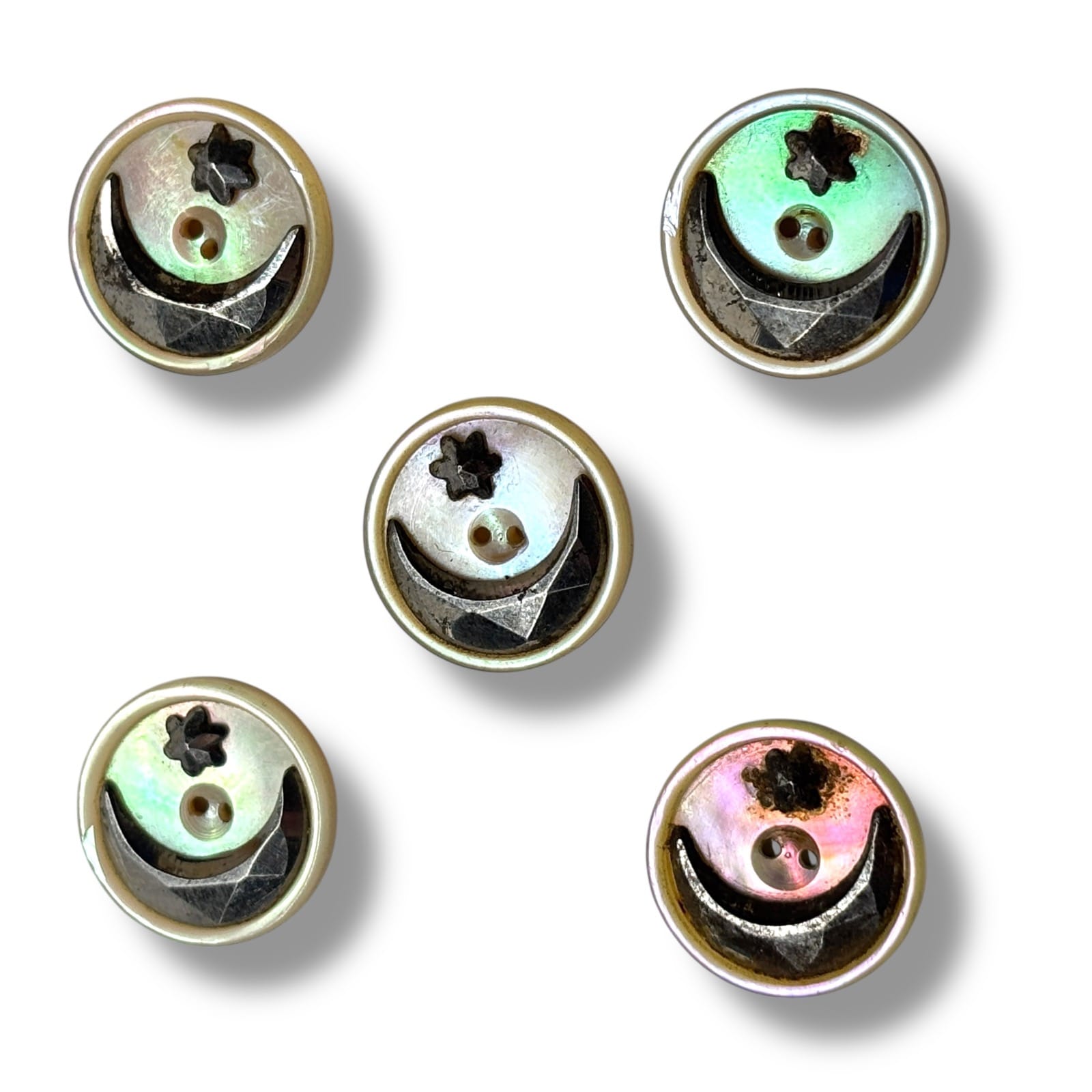 c.1900s Mother of Pearl Button 14mm Inlaid Metal Crescent Moon and Star Lot of 5