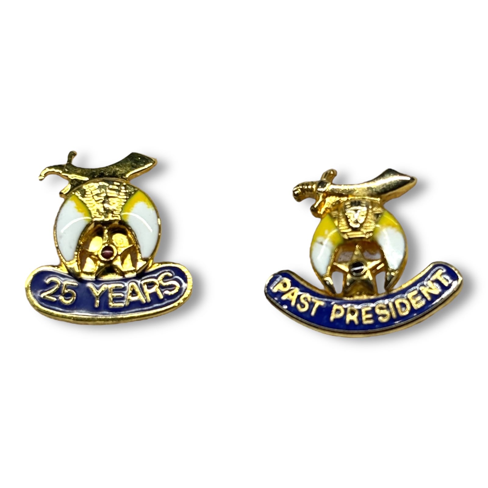 Shriners Lapel Pins Pair Past President and 25 Years Service Enamel c.1980s