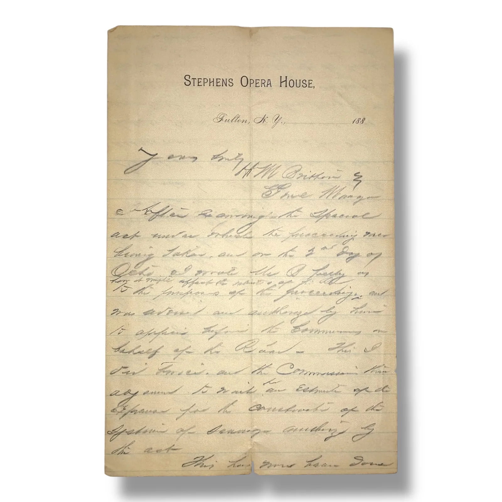 c.1880s Stephens Opera House Fulton NY Letter Theater Business Correspondence