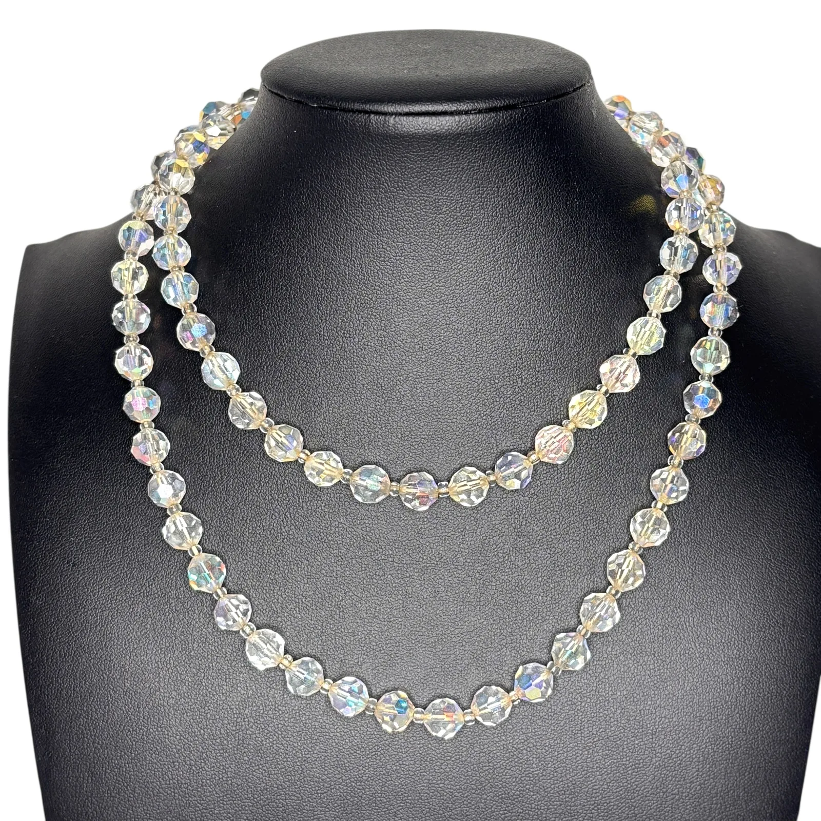 1950s Aurora Borealis Crystal Necklace 30" Faceted Austrian Glass Bead Strand