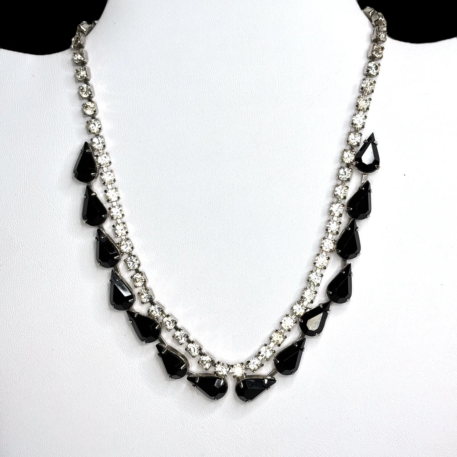 1950s Silver Tone Rhinestone Choker Necklace Black Clear Glass Stones 14 Inch