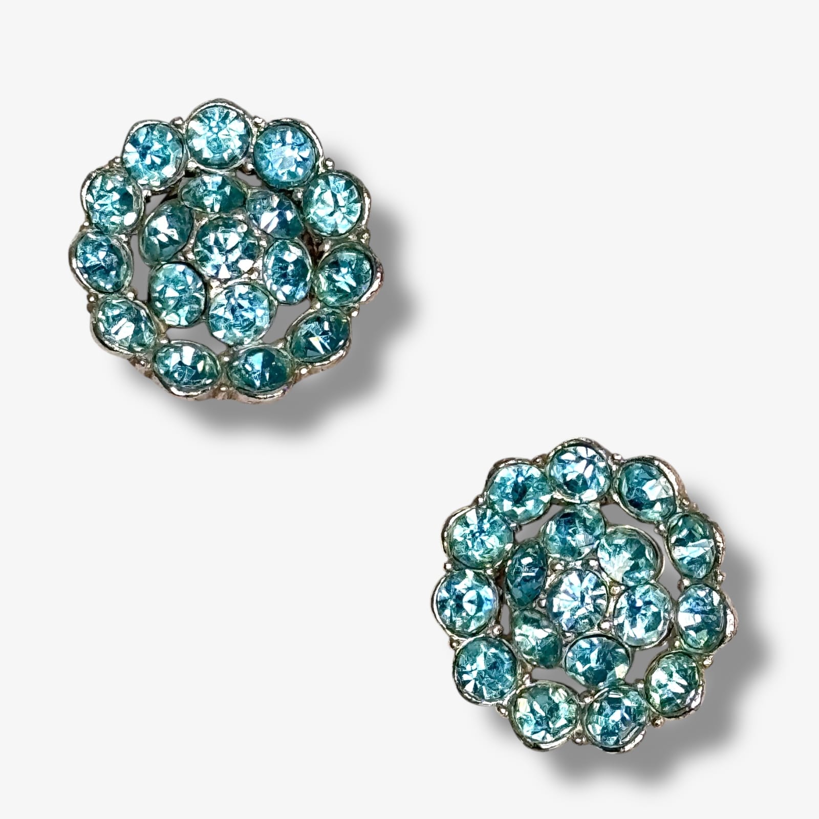 1950s Bogoff Silver Tone Aqua Rhinestone Screw Back Earrings Vintage Jewelry