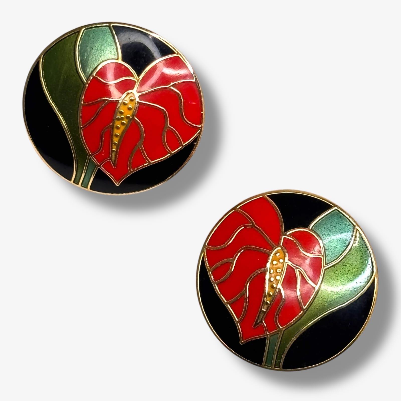 Laurel Burch c.1980s “Anthurium” Cloisonne Enamel Earrings Gold Tone Pierced