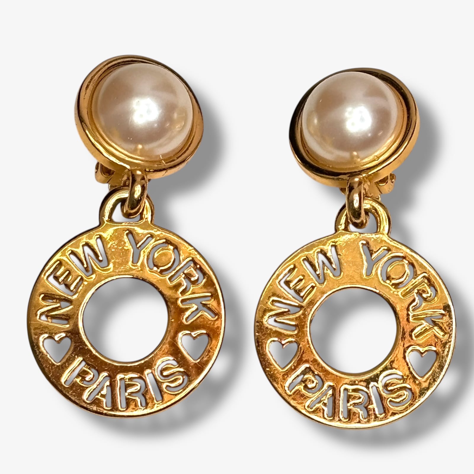 Carolee New York Paris Dangle Clip On Earrings Gold Tone Faux Pearl c.1990s