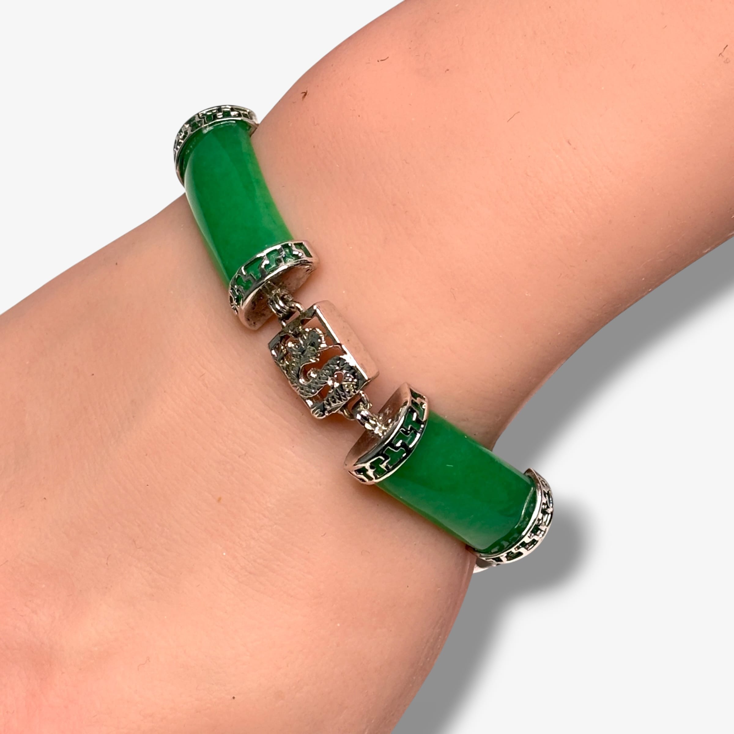 1950s Chinese Export 18KGF Genuine Jadeite Dragon Link Bracelet 7 Inch Vintage