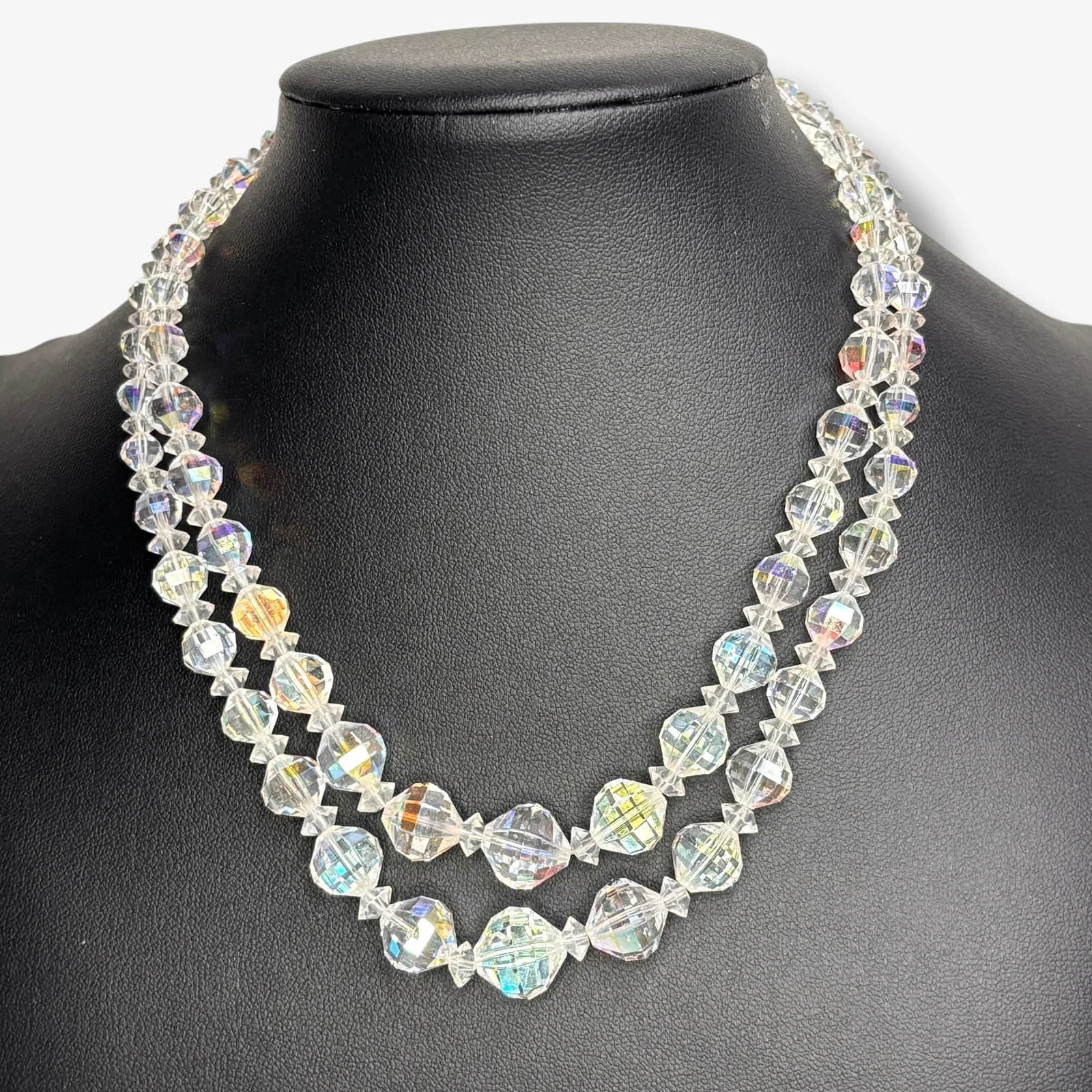 1950s Laguna Aurora Borealis Crystal Necklace Double Strand 14" Vintage Choker