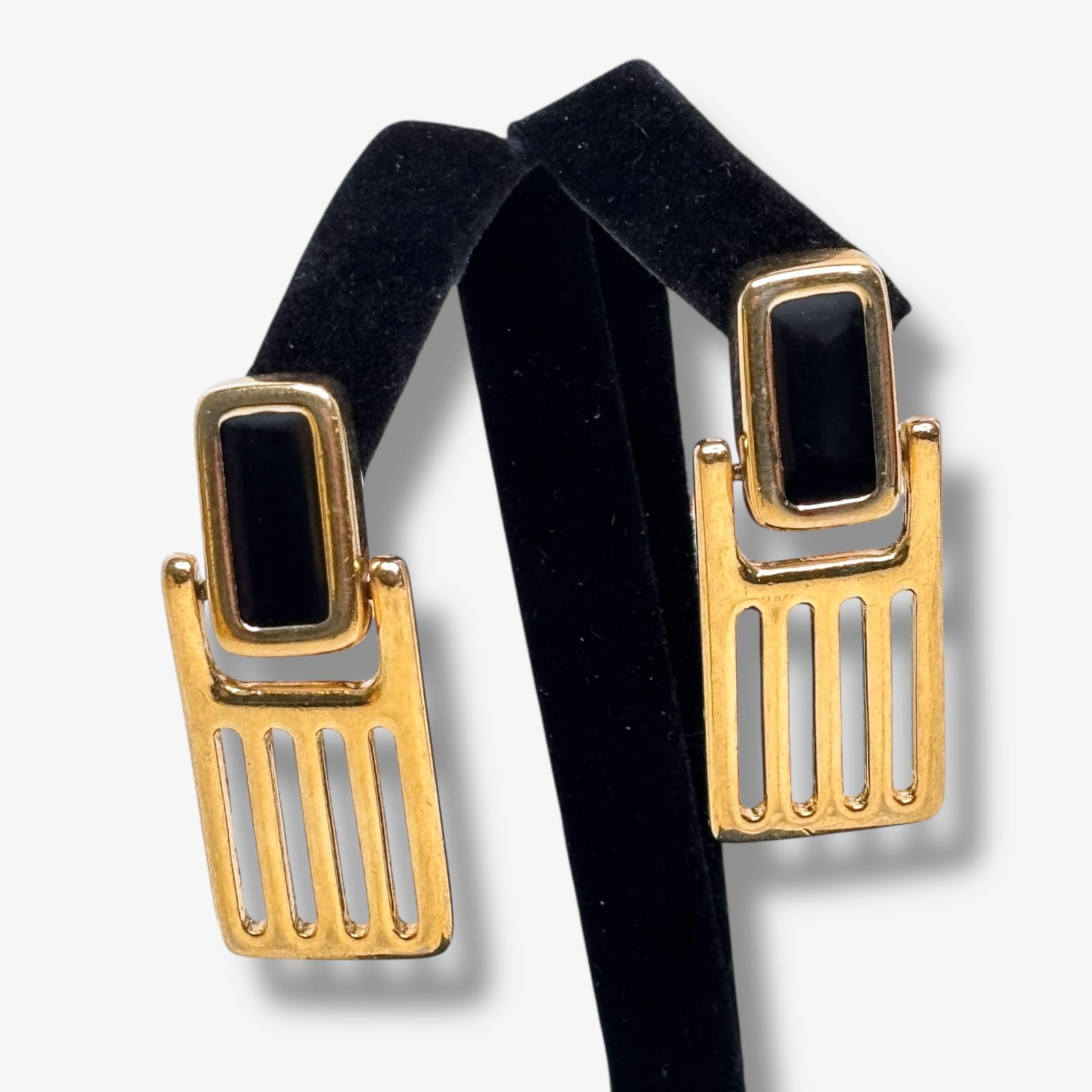 Monet Modernist Gold Tone Black Enamel Articulated Clip On Earrings c.1985