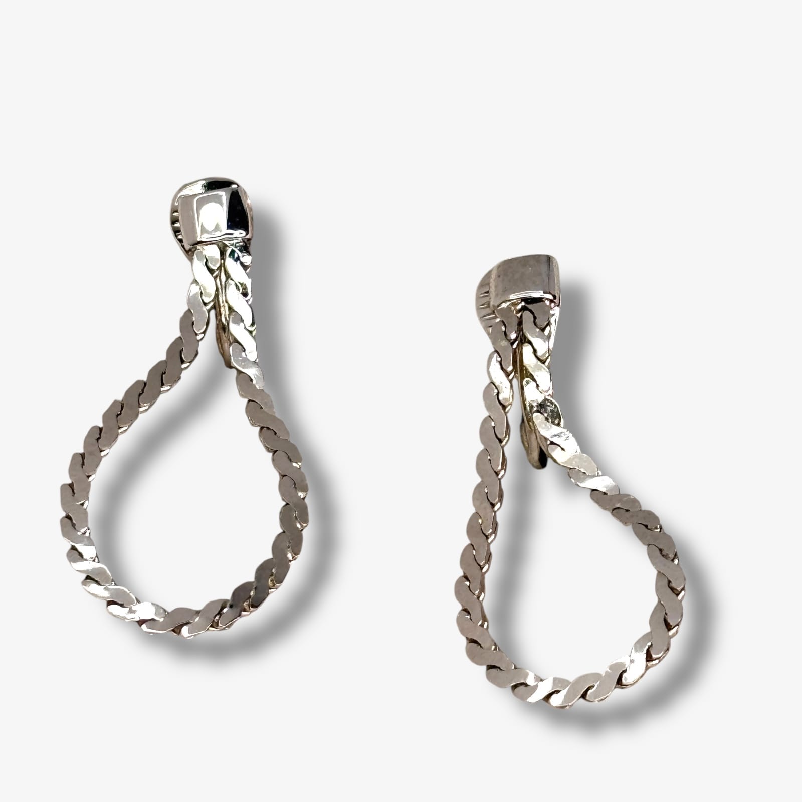 Vintage MONET Silver Tone Clip-On Twisted Chain Loop Dangle Earrings c.1970s