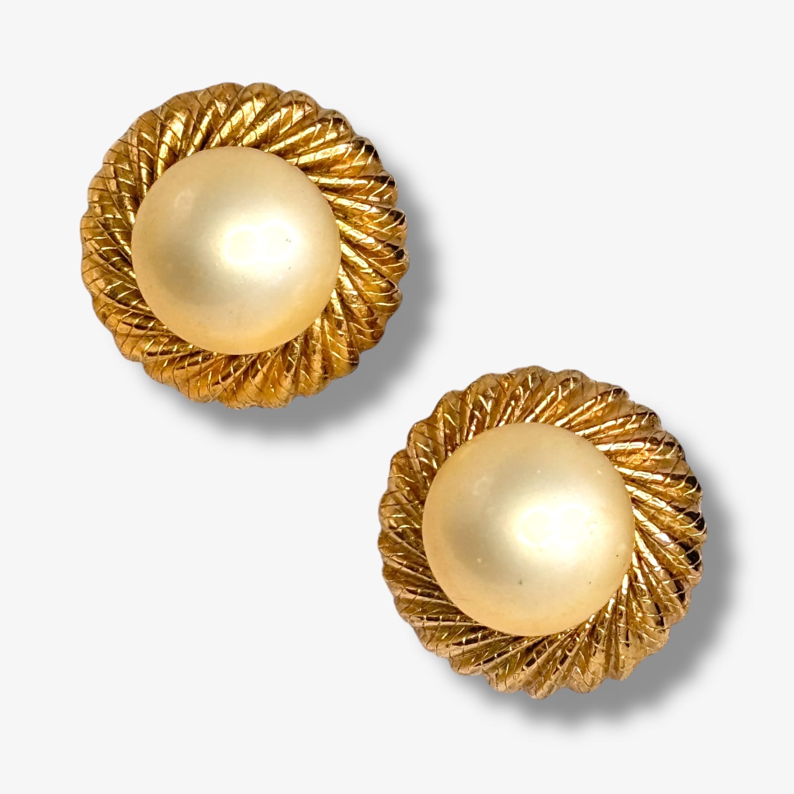 1960s Napier Gold Tone Faux Pearl Button Clip On Earrings .75" Round Signed