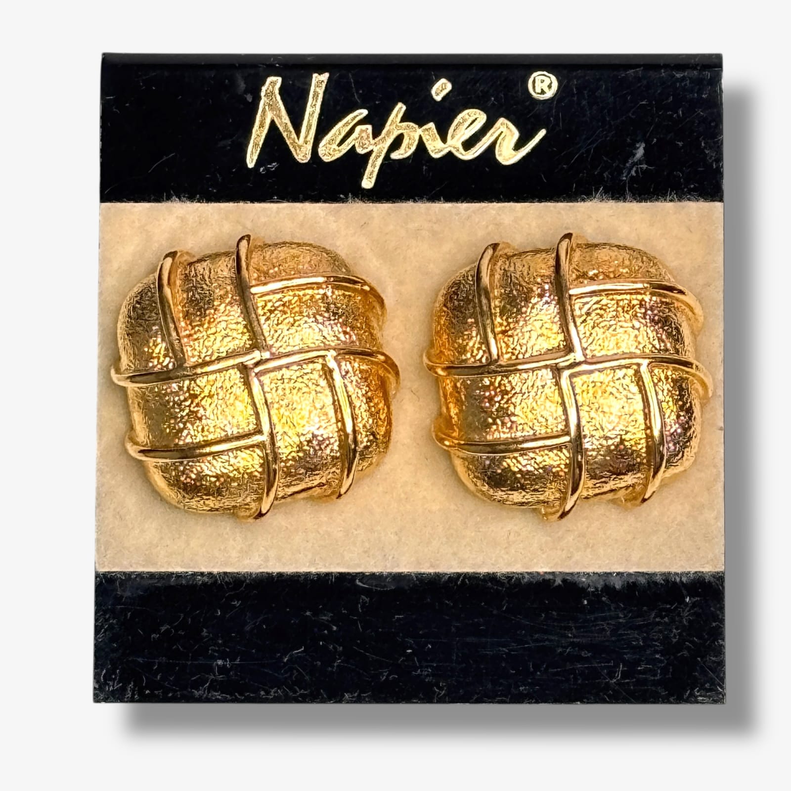 Napier Signed Gold Tone 7/8 Inch Square Stud Earrings on Card with Posts c.2000s