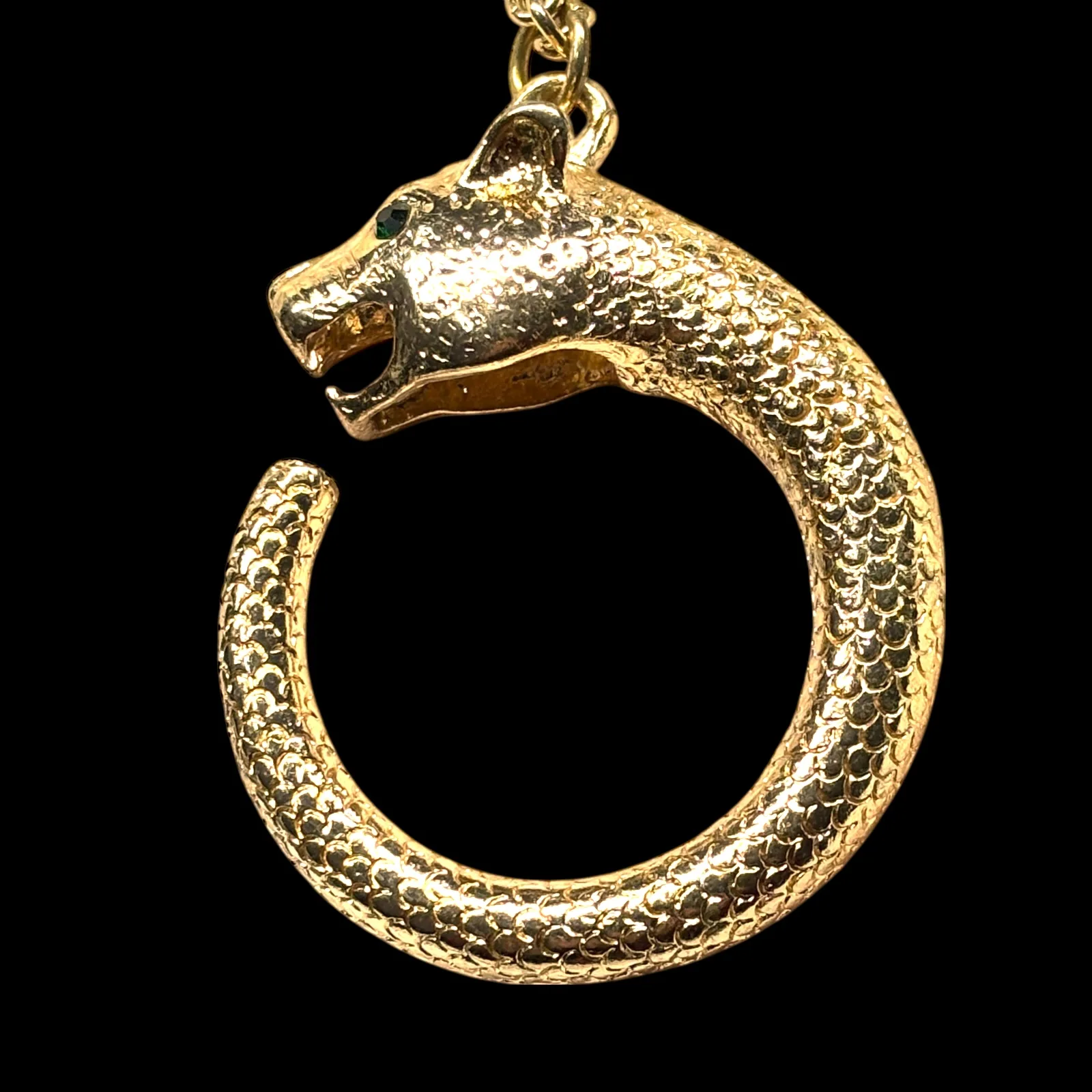 1990s Gold Tone Panther Head Pendant Necklace Green Eyes 32in Vintage Revival