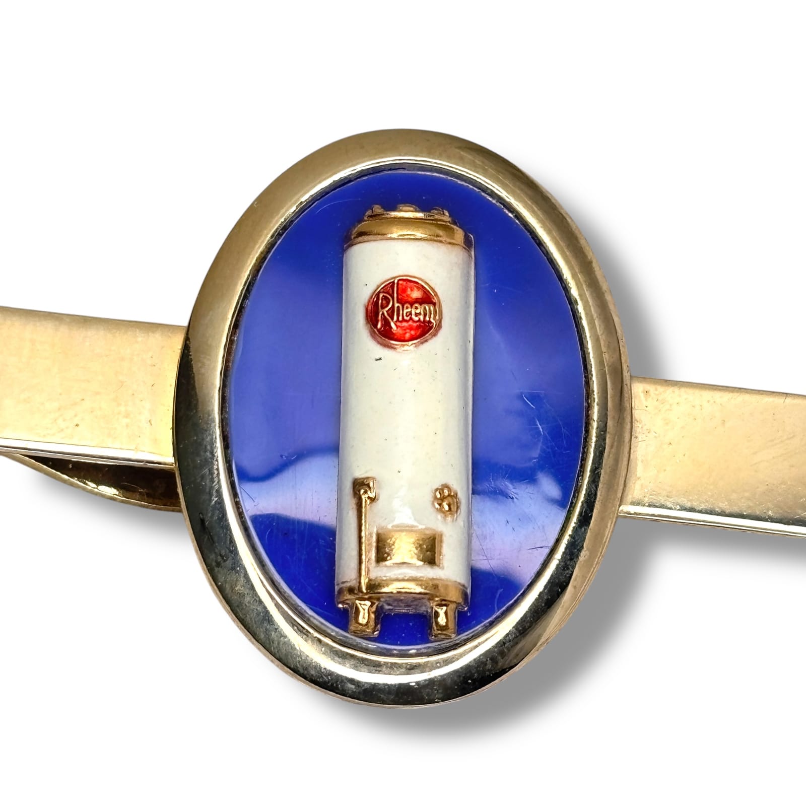 1950s Rheem Water Heater Advertising Tie Bar Gold Tone Enamel Salesman Jewelry