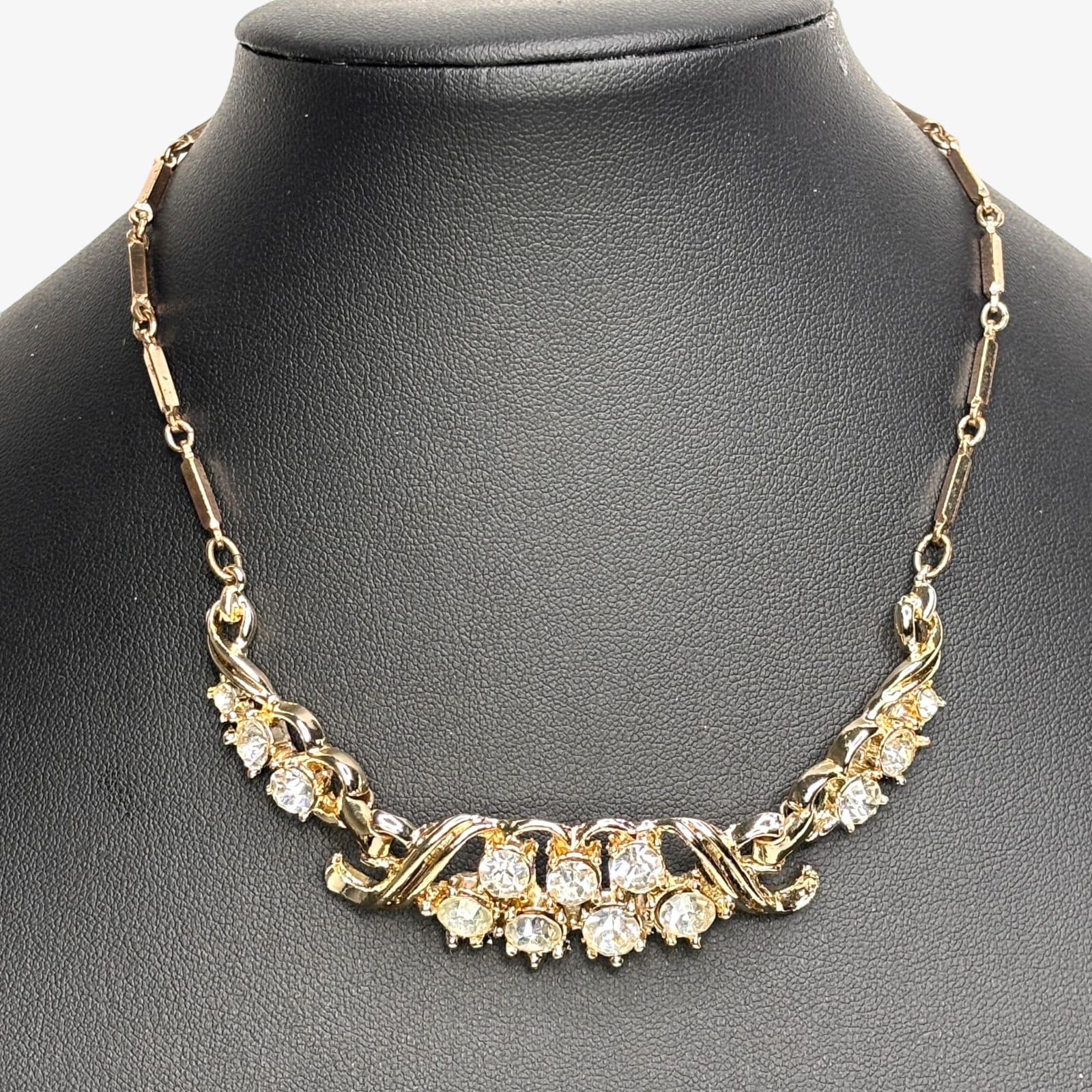 1950s Gold Tone Bar Link Necklace Clear Rhinestones Mid Century Costume Jewelry